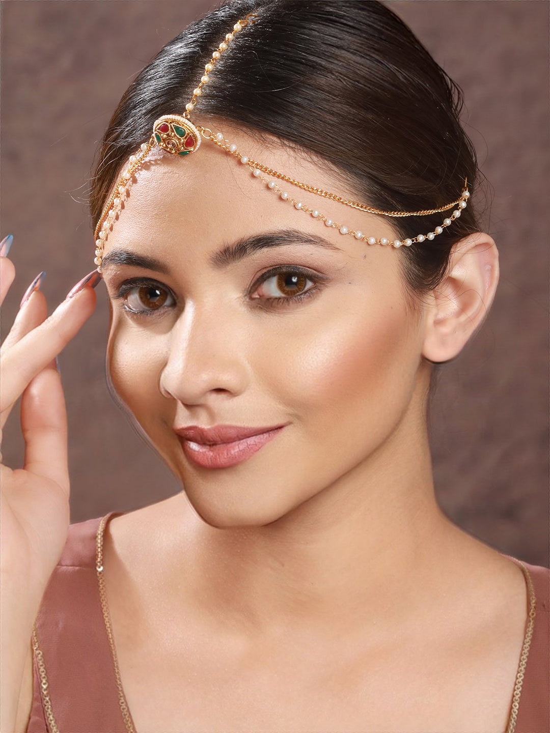 Gold Plated Green Stone Studded Pearl Beaded  Borla Mathapatti