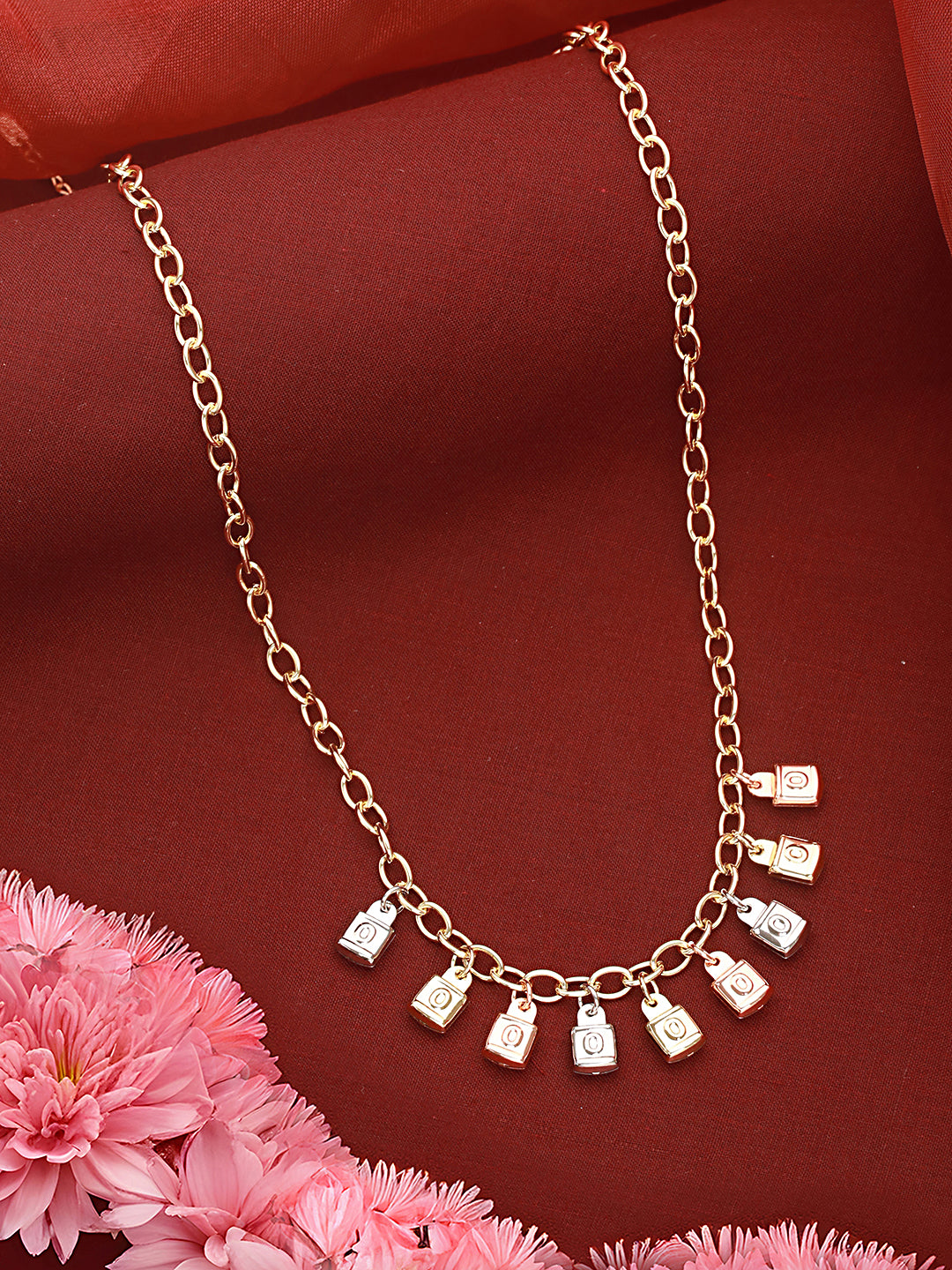 Anti-Tarnish Gold Plated Engraved Lock Pendant Link Chain  Necklace