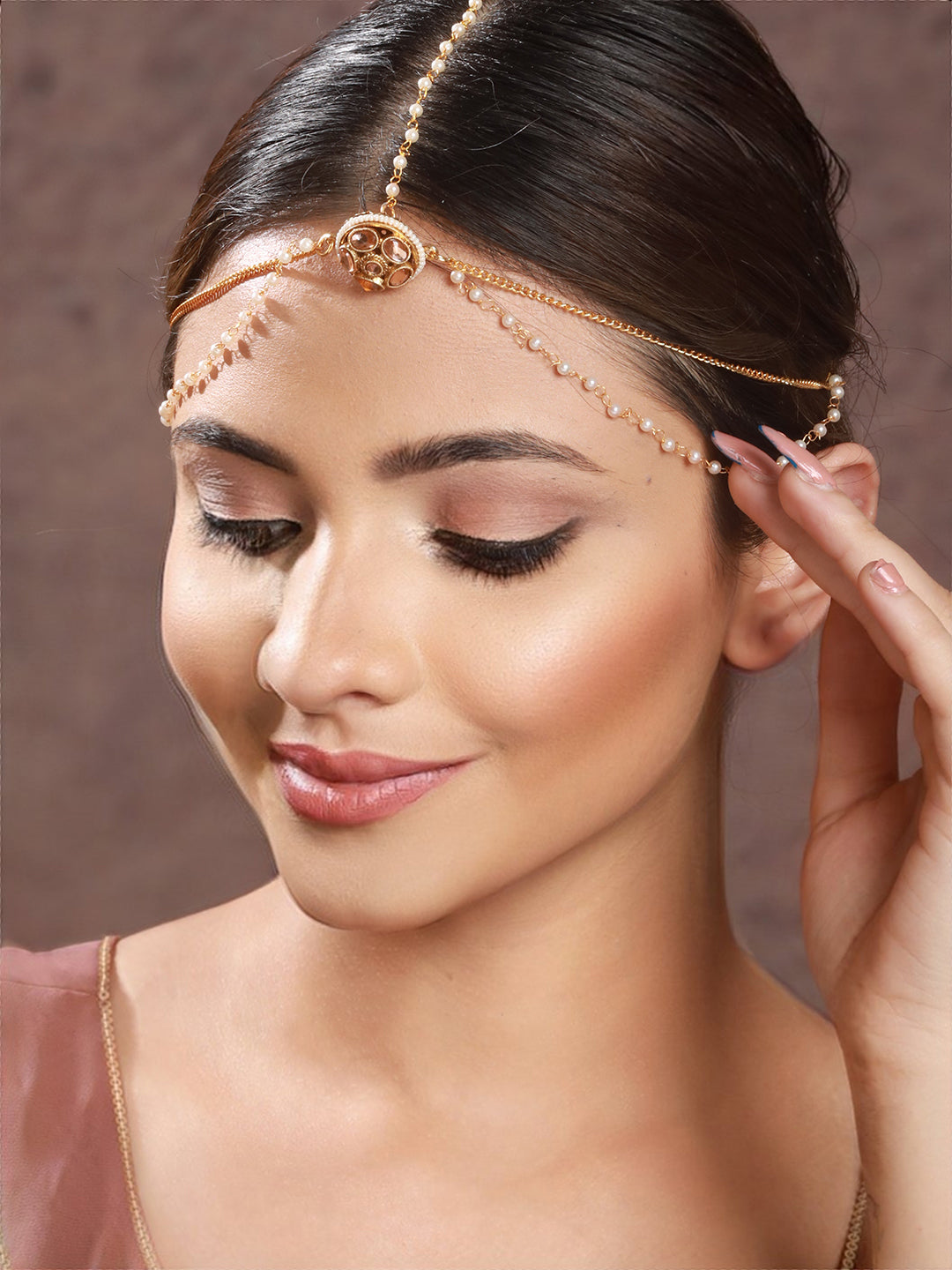 Gold Plated White Kundan Studded Pearl Beaded  Borla Mathapatti