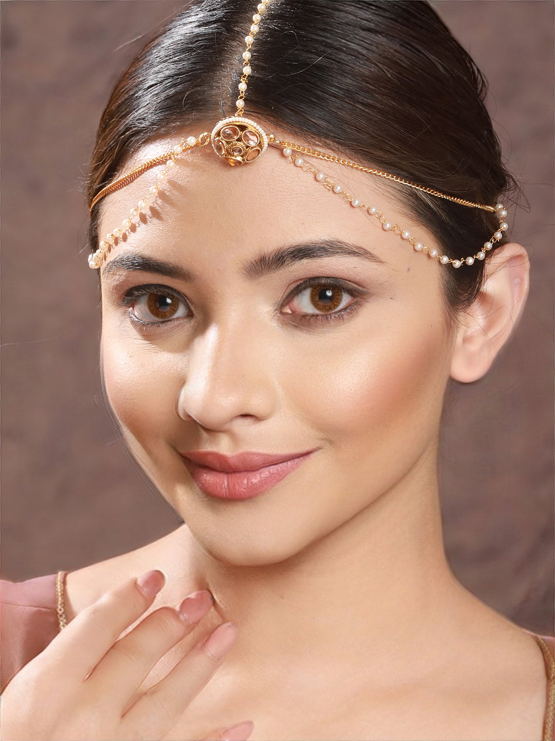 Gold Plated White Kundan Studded Pearl Beaded  Borla Mathapatti