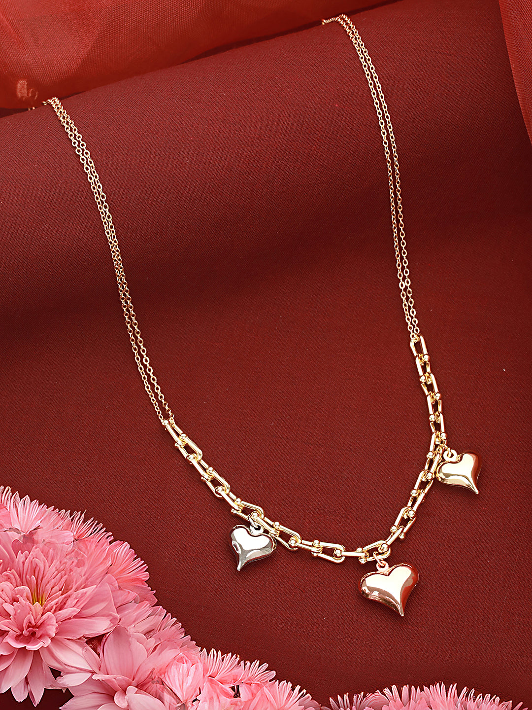 Anti-Tarnish Gold Plated 3 Toned Heart Shaped Chunky Link Chain Necklace