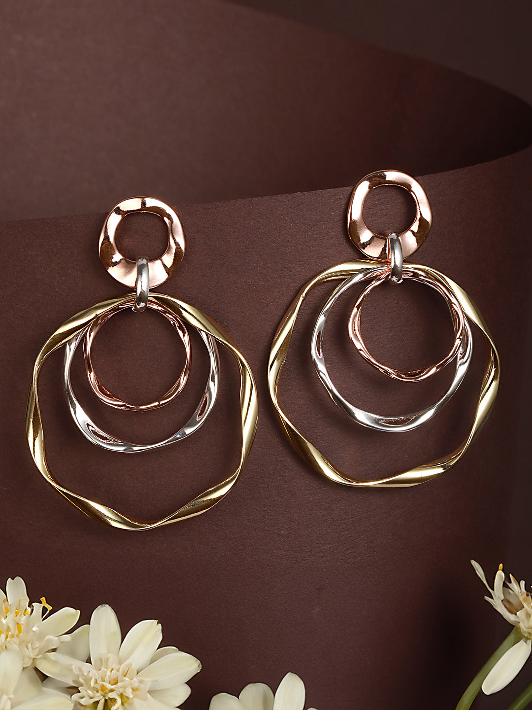 Anti-Tarnish 3 Tone Concentric Handmade Dangler Hoop Earrings