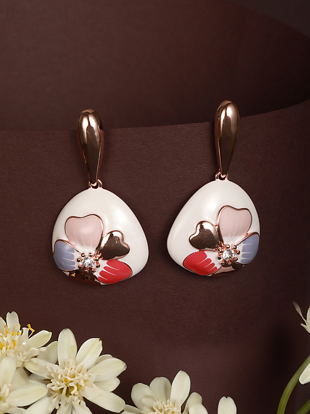 Anti-Tarnish 18k  Gold Plated Off White Enamelled Floral Statement Dangler Earrings