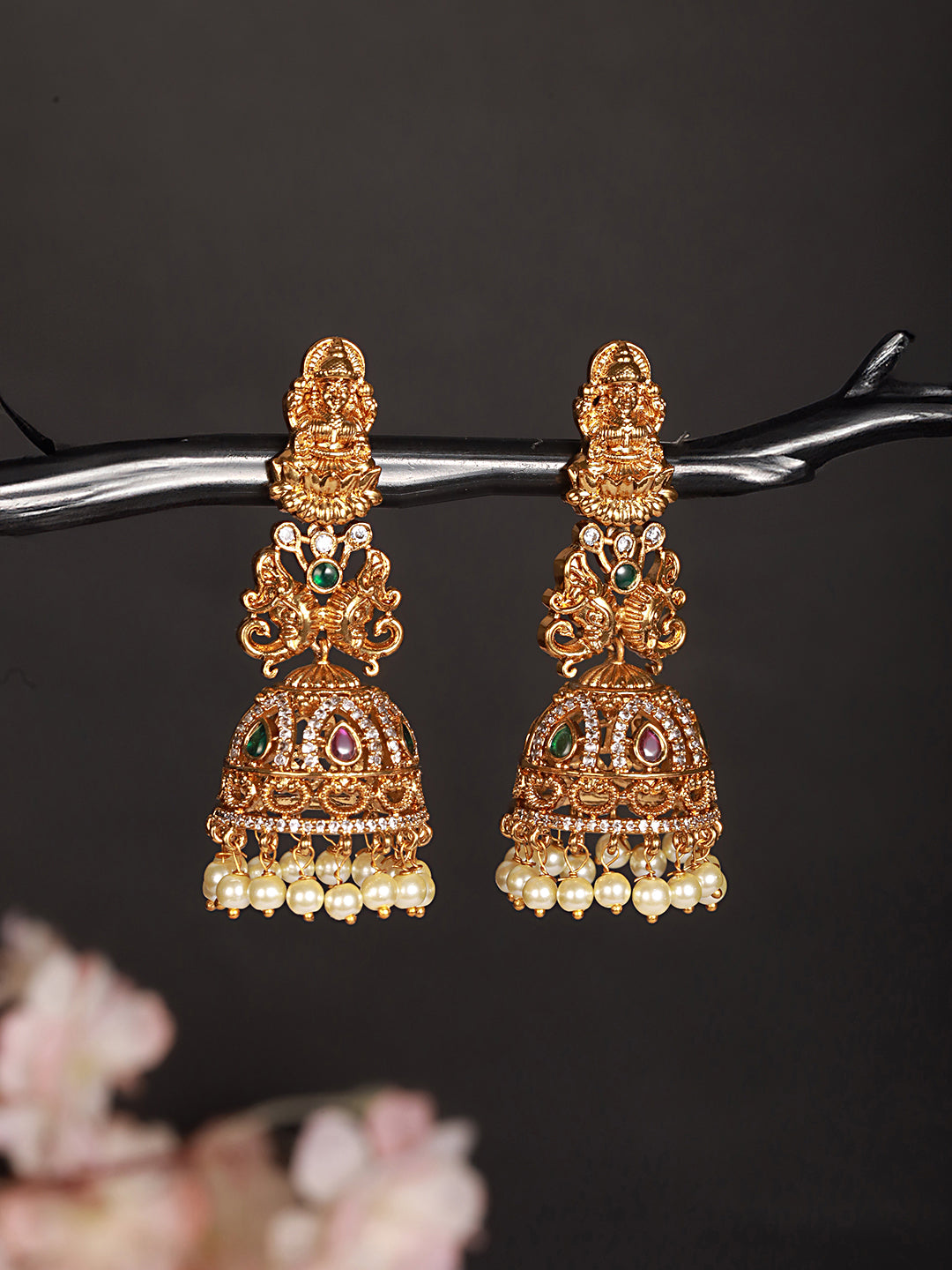 Gold Matt Polish Zircon Studded Lakshmiji Motif Designer Danggling  Earring