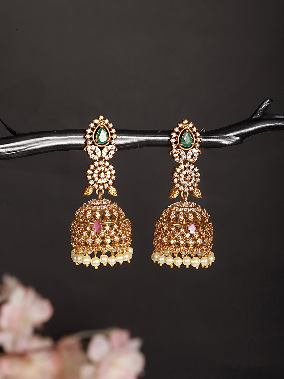 Gold Plated Green Zircon Studded Pearl Beaded Dangler  Earrings