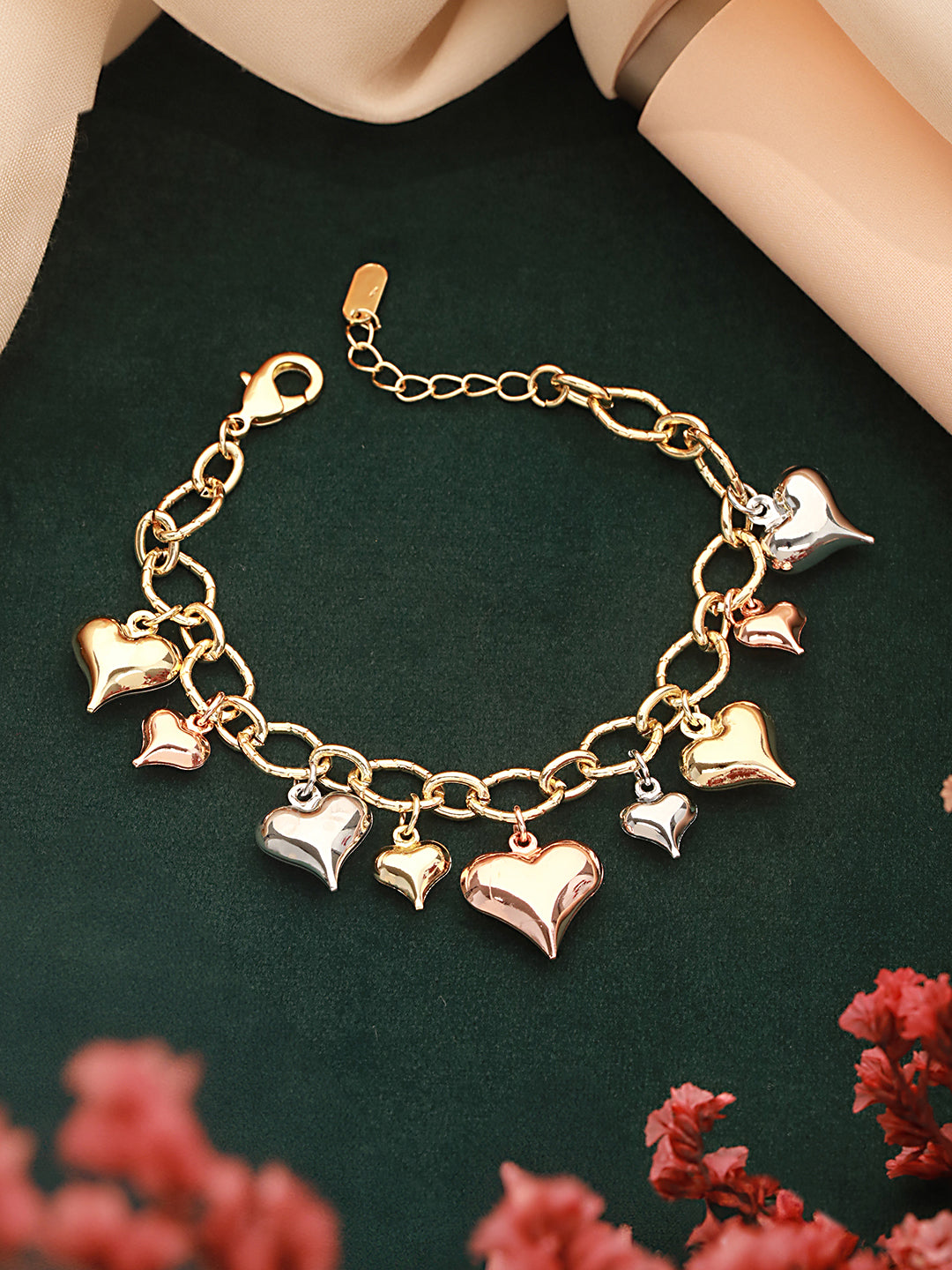 Anti-Tarnish 18k Gold Plated Heart Shaped Charm Link Wraparound  Bracelet