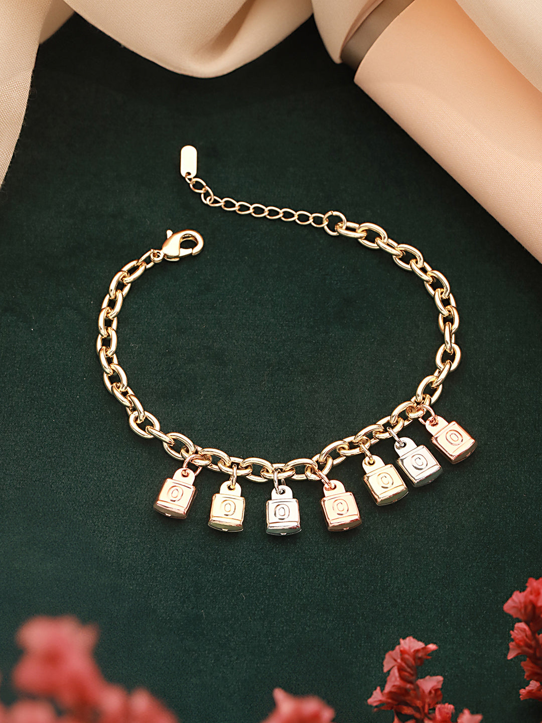 Anti-Tarnish Gold Plated Engraved Lock Charms Allover Wraparound Bracelet