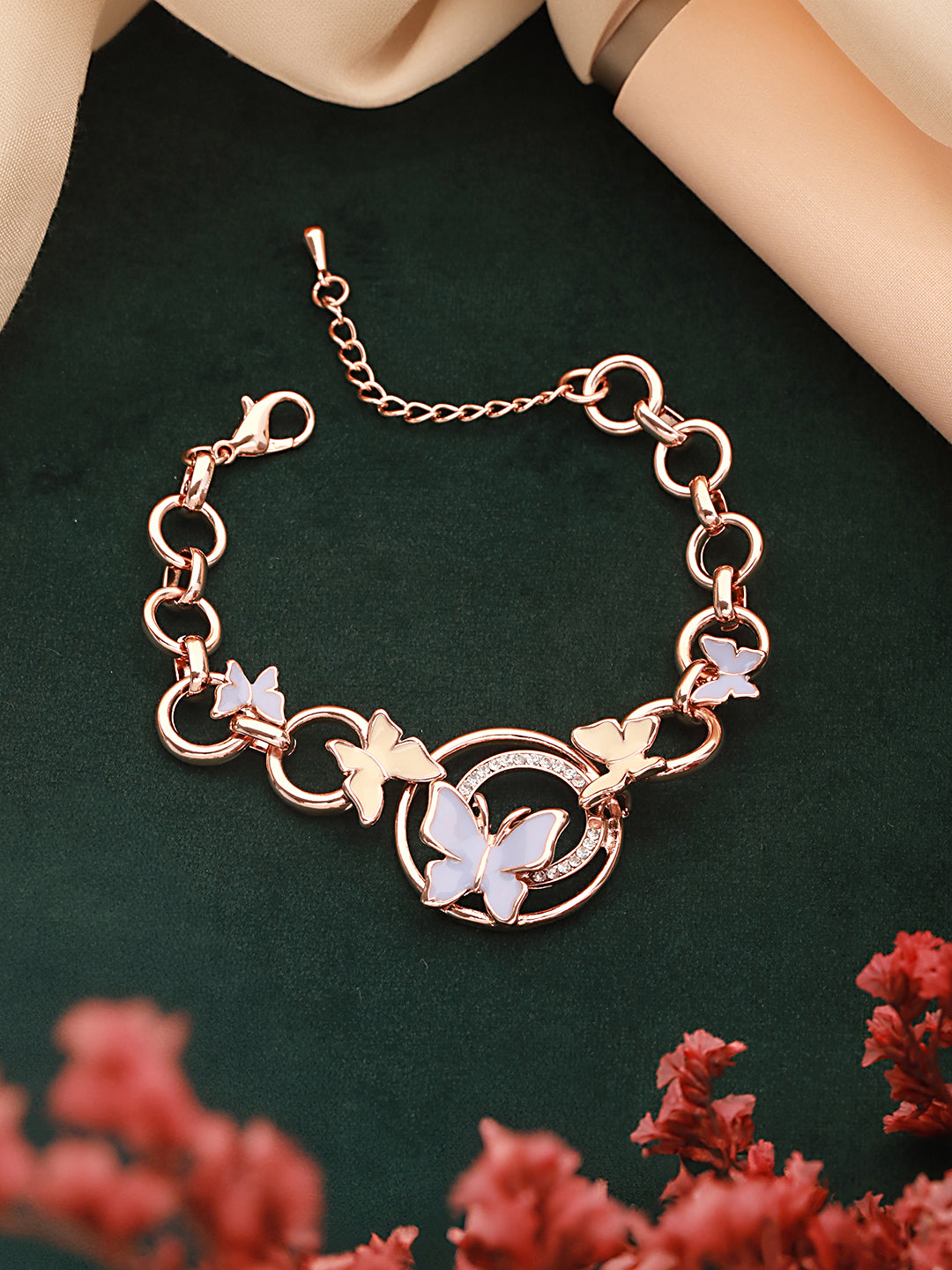 Anti-Tarnish Rose Gold Plated Halo Butterfly Charm Link Bracelet