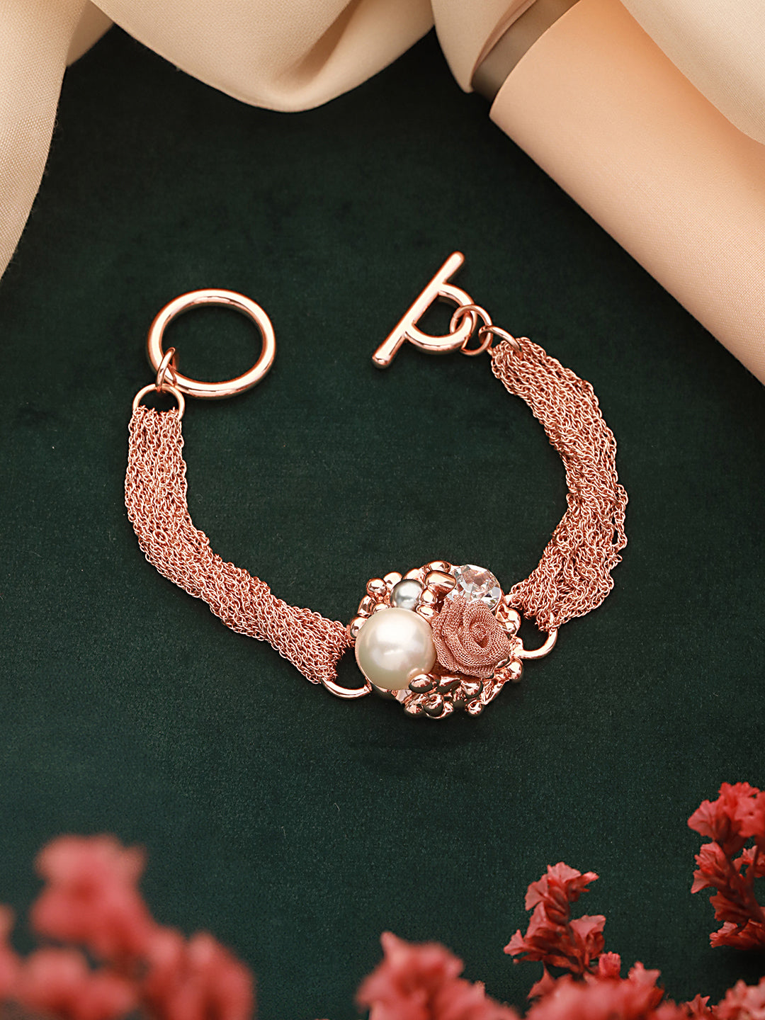 Anti-tarnish Rose Gold Plated Multi Chain Wraparound Rose Flower Broach Bracelet