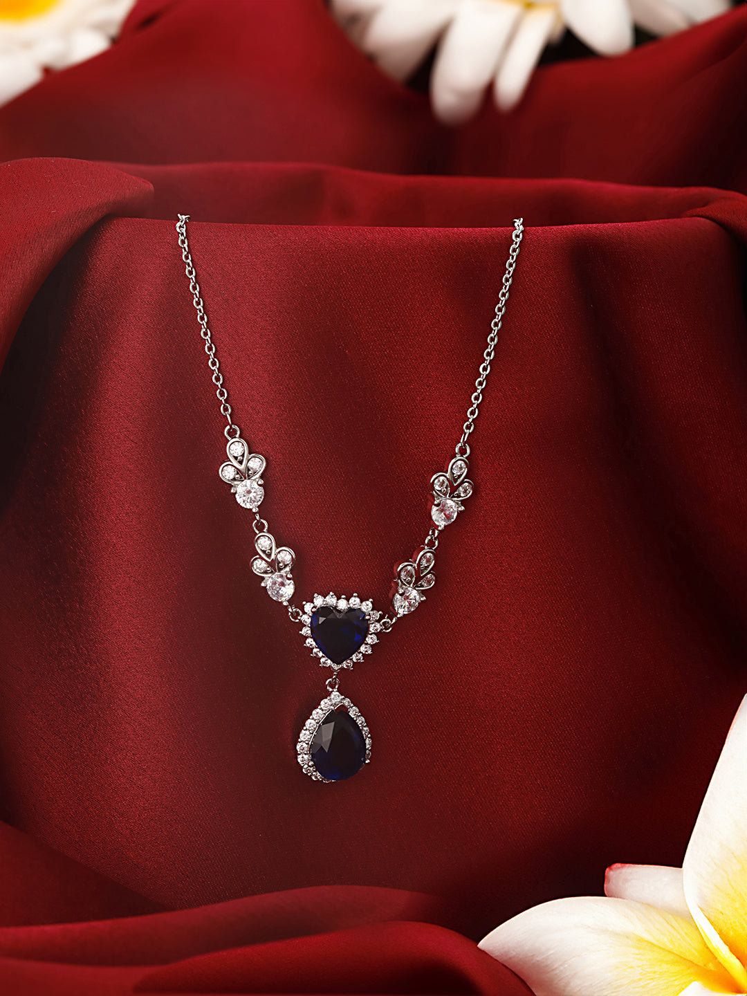 Anti-Tarnish Silver Plated Blue Sapphire AD Heart Shaped Minimal  Pendant Chain Necklace