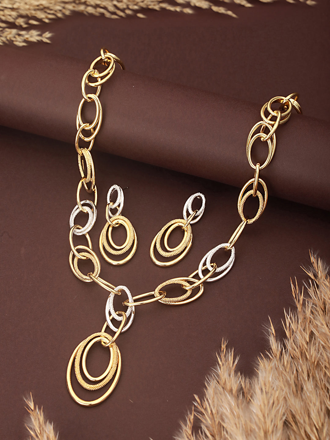 Anti-Tarnish Dual Plated Interlocking Hoop Chain Necklace Jewellery Set