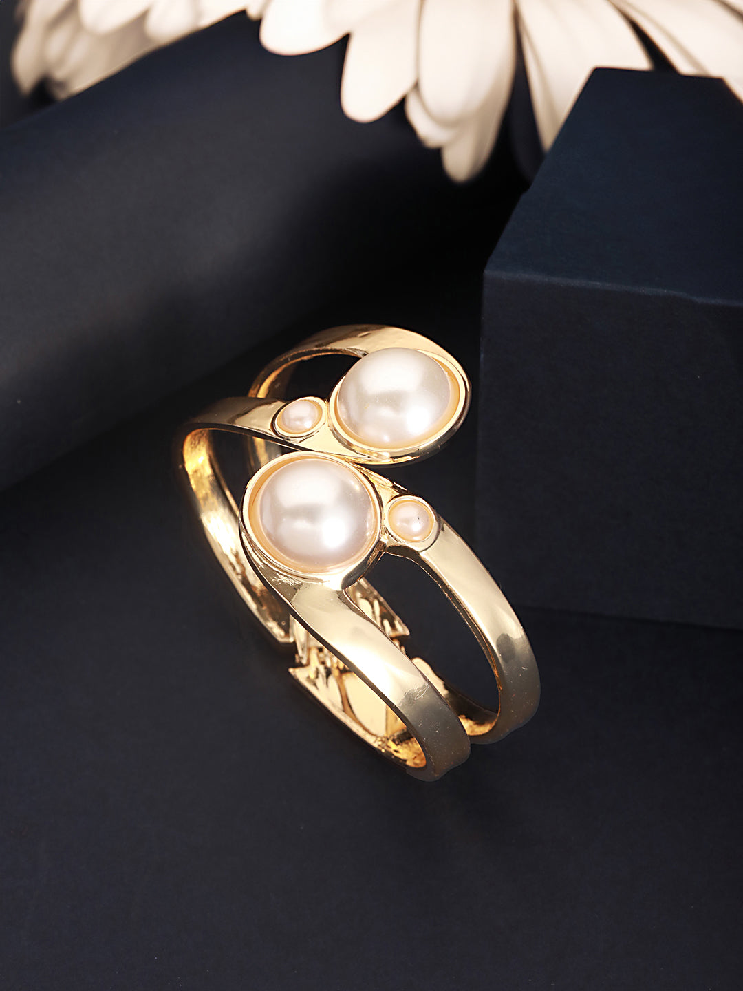 Anti-Tarnish 18k Gold Plated Pearl Studded Cuff Bangle Bracelet