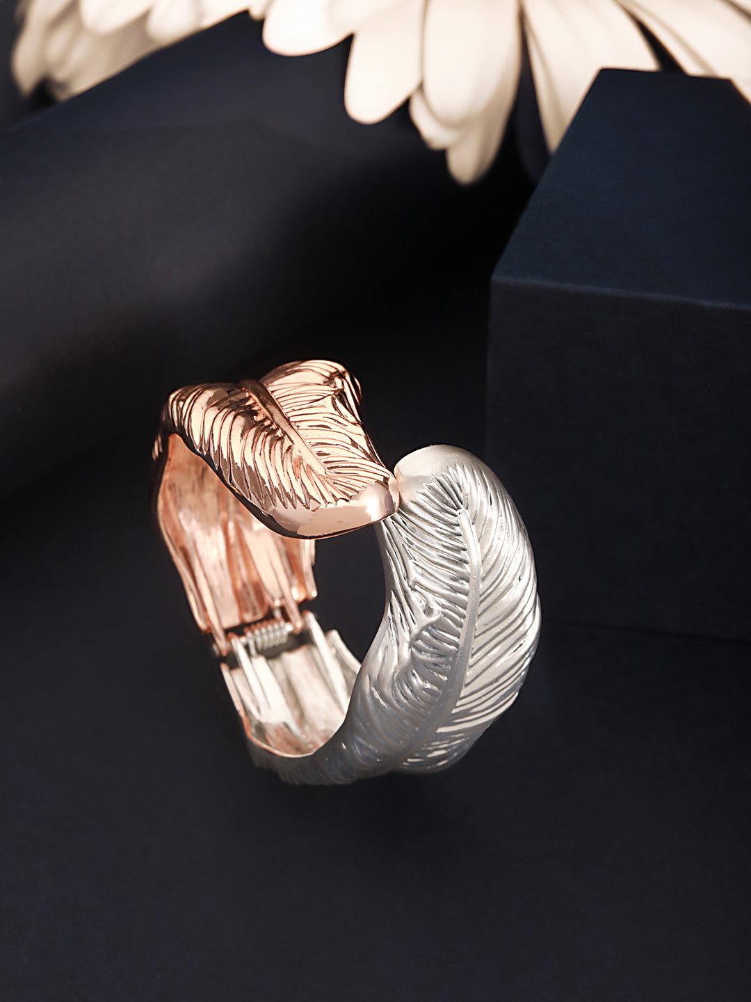 Anti-Tarnish Dual Tone Rose Gold Leaf Shaped Cuff Kada bracelet