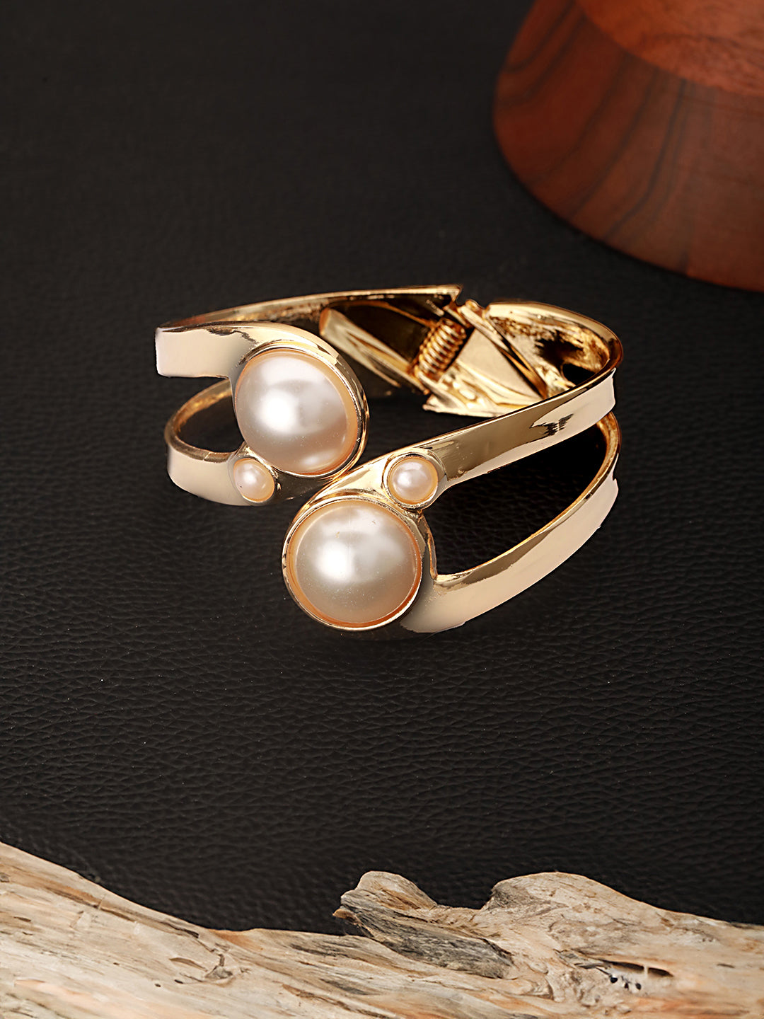 Anti-Tarnish 18k Gold Plated Pearl Studded Cuff Bangle Bracelet