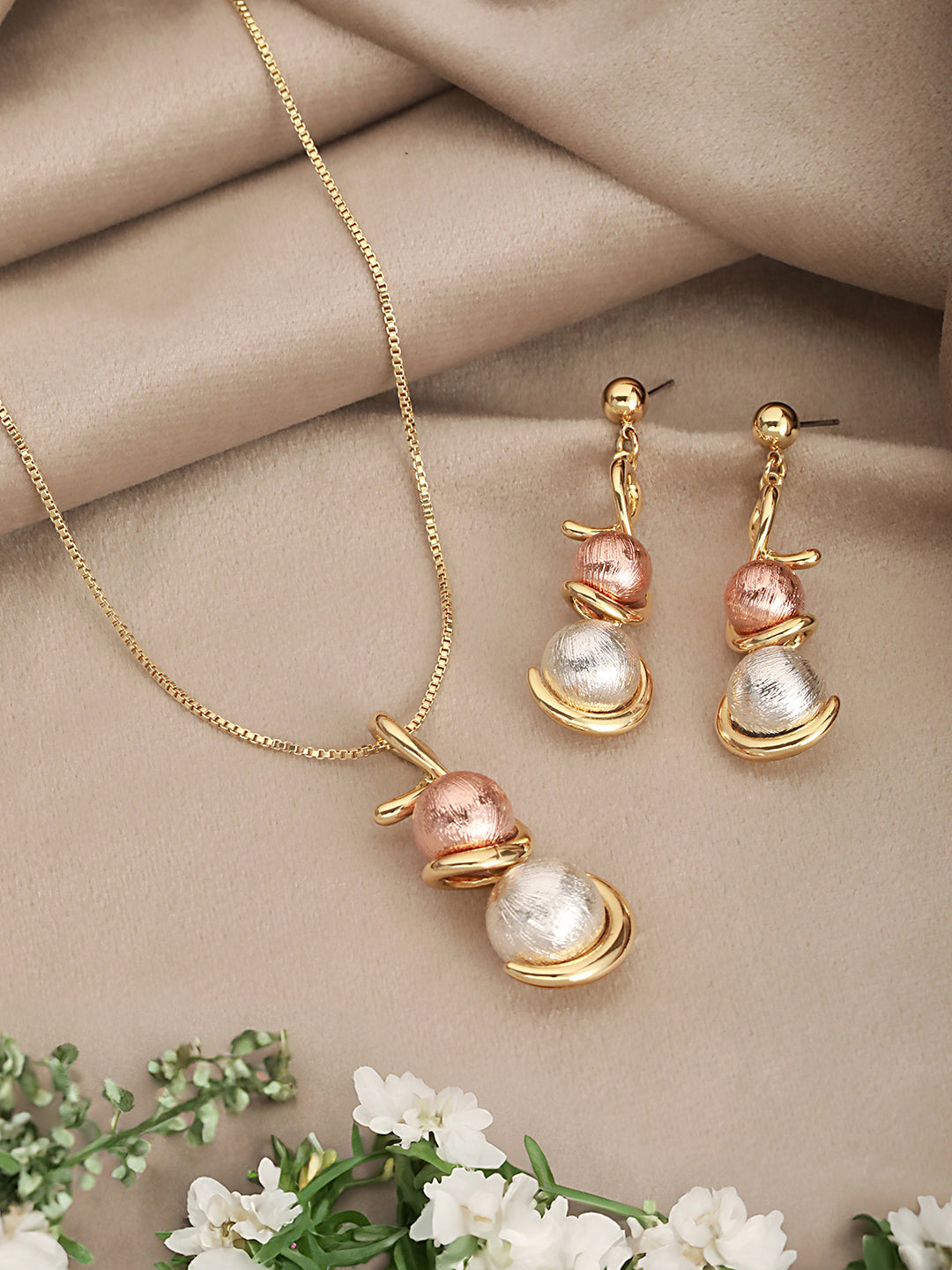 Anti-Tarnish Rose Gold & Silver Toned Twisted Ball Locket & Earrings Jewellery Set