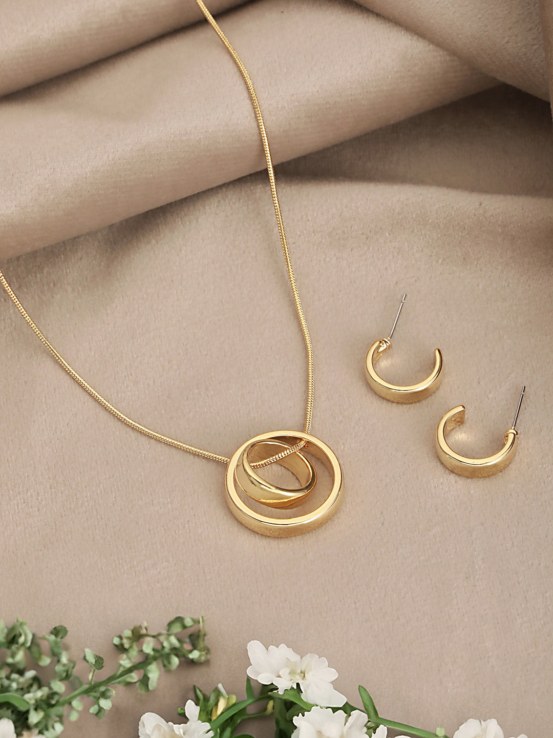 Anti-Tarnish Gold Plated Ring Pendant & Hoops Earrings Jewellery Set