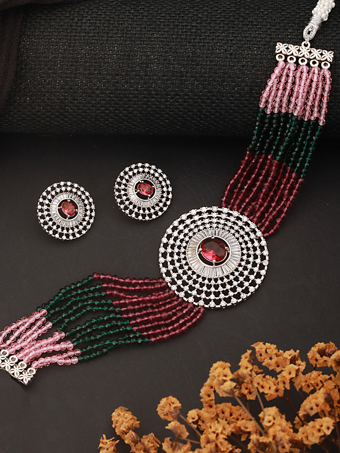 Silver Plated Ruby Red Studded Pearl Beaded Studds Earrings With Choker Jewellery Set