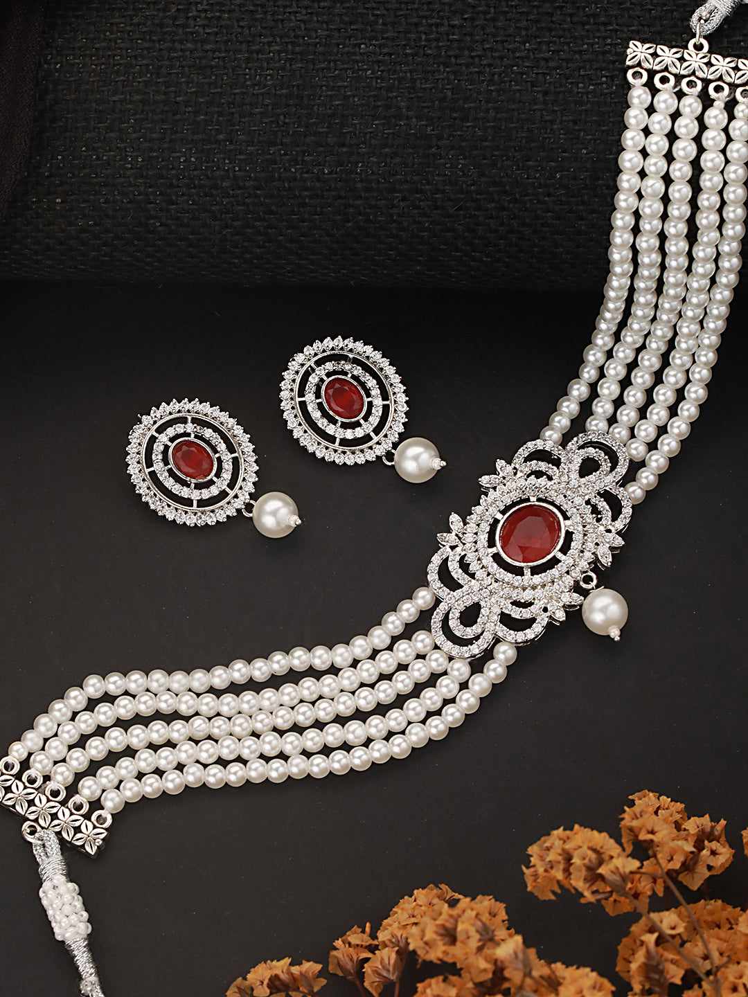 Silver Toned Red Ruby Studded Pearl Beaded Choker Jewellery Set