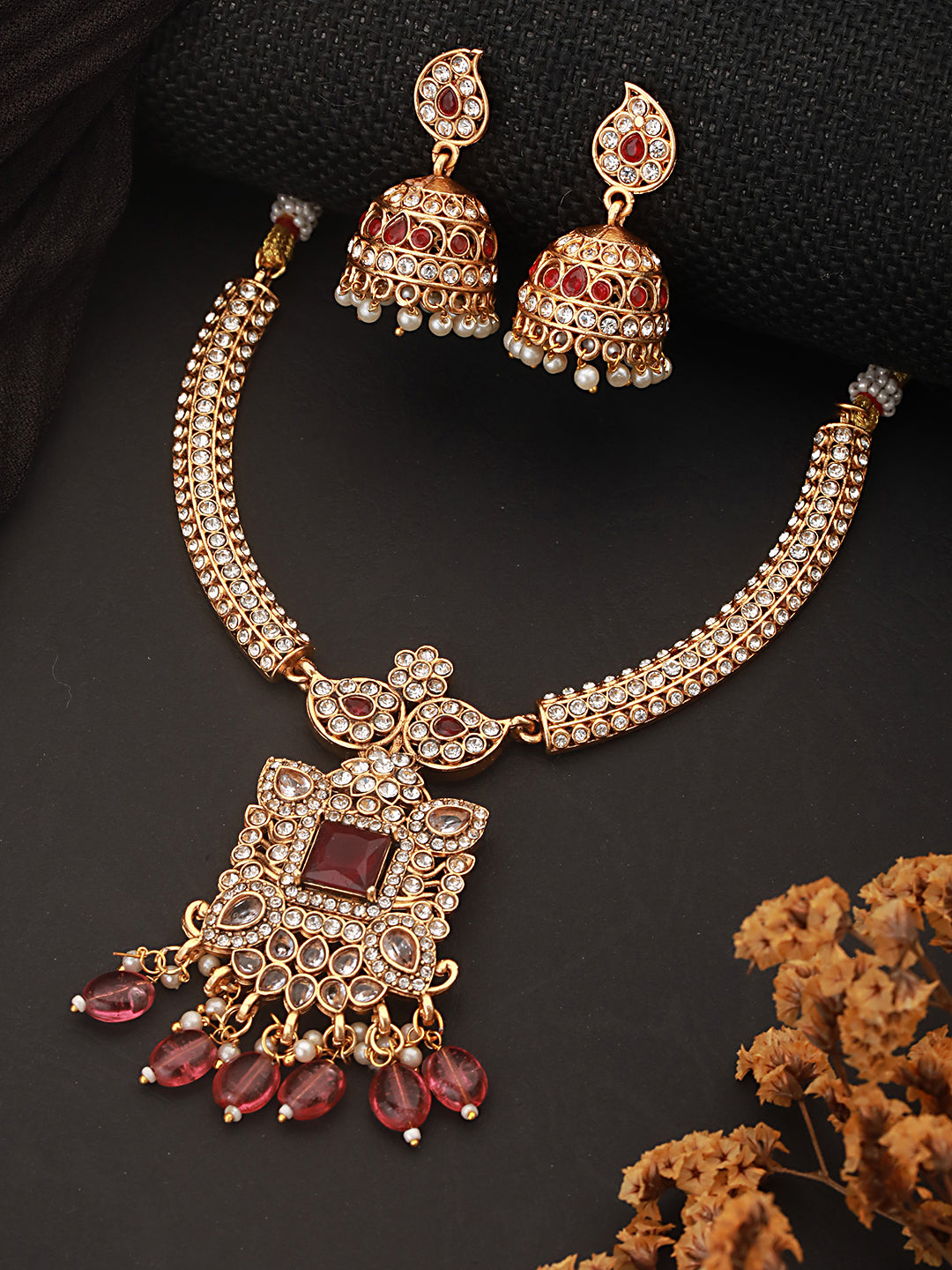 Gold Plated Red  Zircon & Pearl Beaded Floral  Pipe Pendant Jewellery  Set With Jhumka