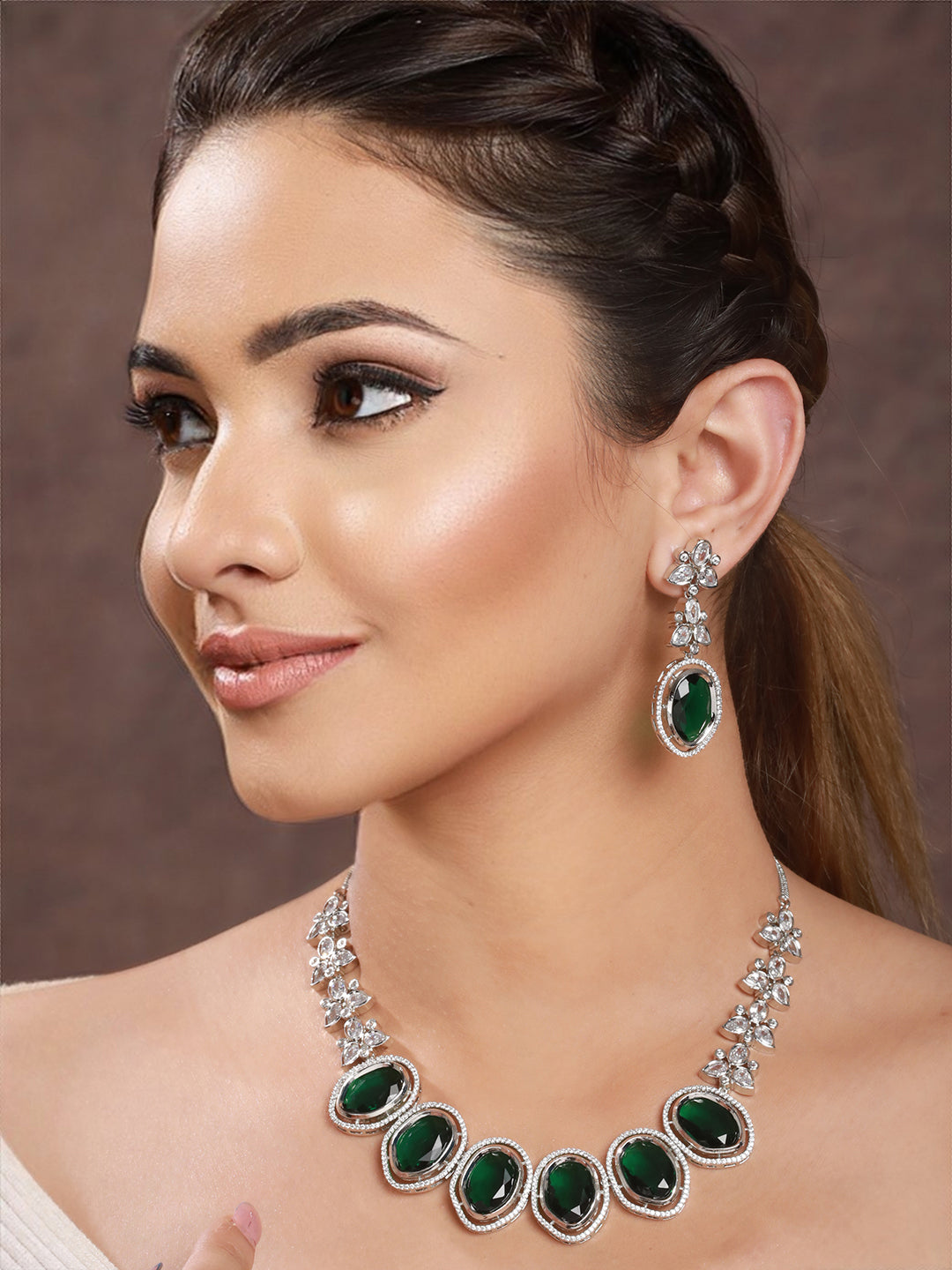 Silver Toned Green CZ Studded Designer Necklace Jewellery Set