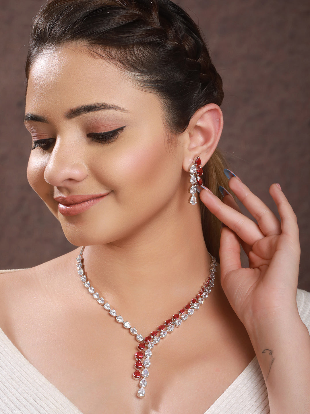 Silver Toned Red  CZ Statement Designer Necklace Jewellery Set