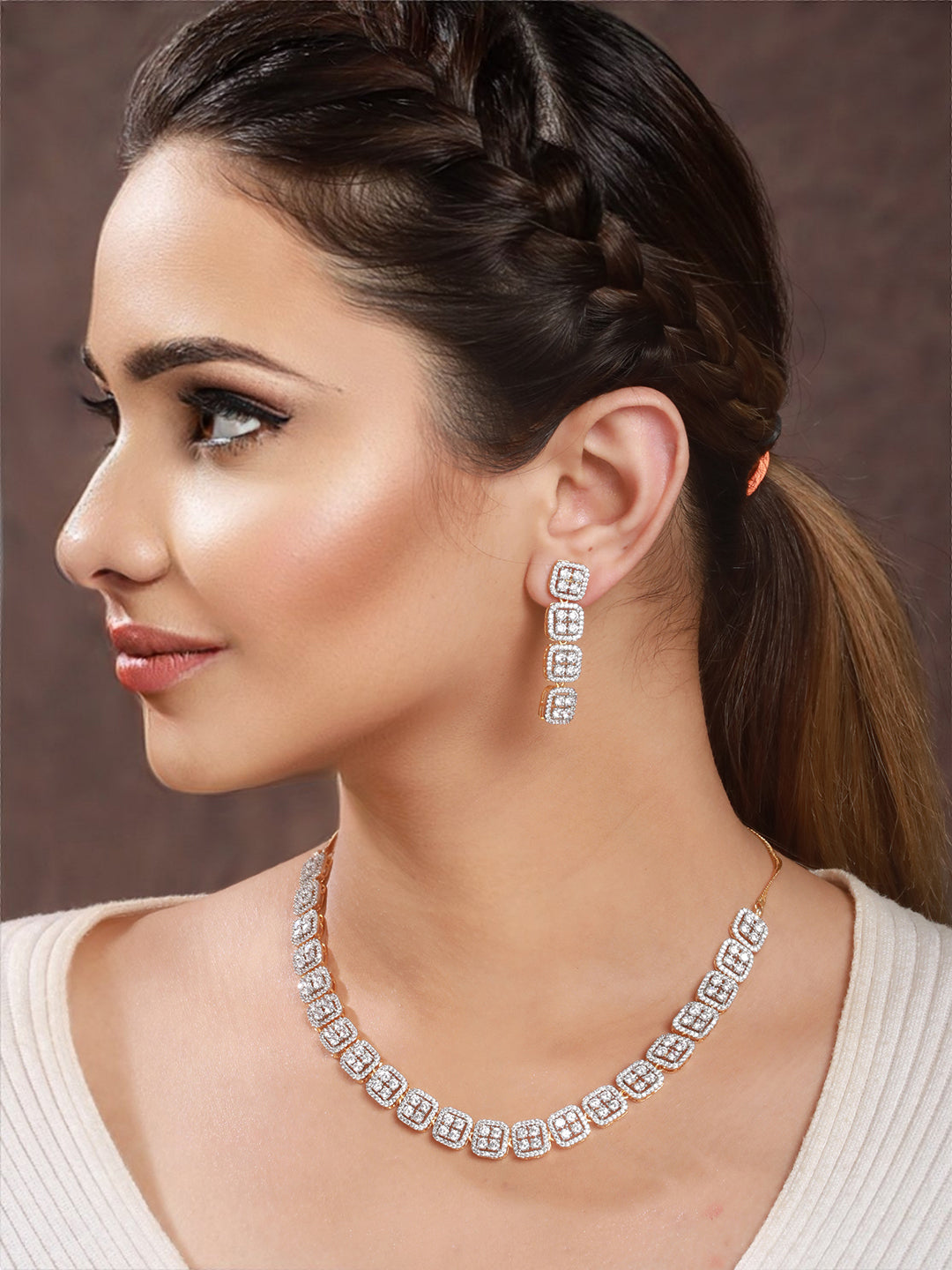 Gold Polished White CZ Studded  contemporary Jewellery set