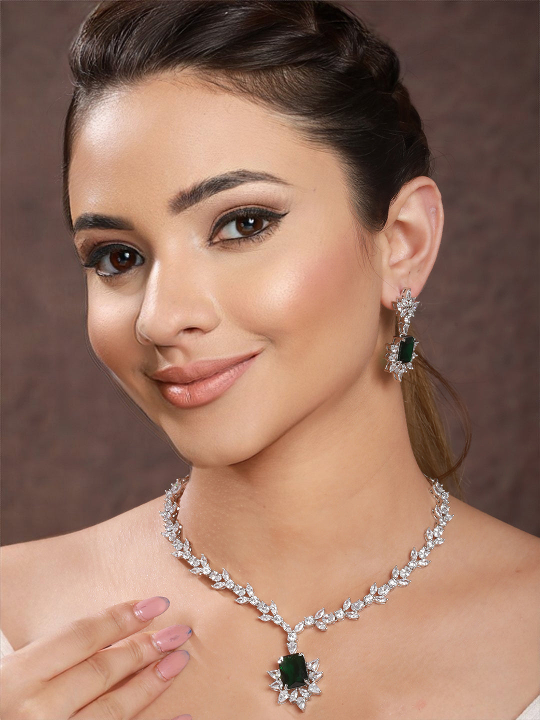 Silver Plated Green AD Studded  Floral Necklace