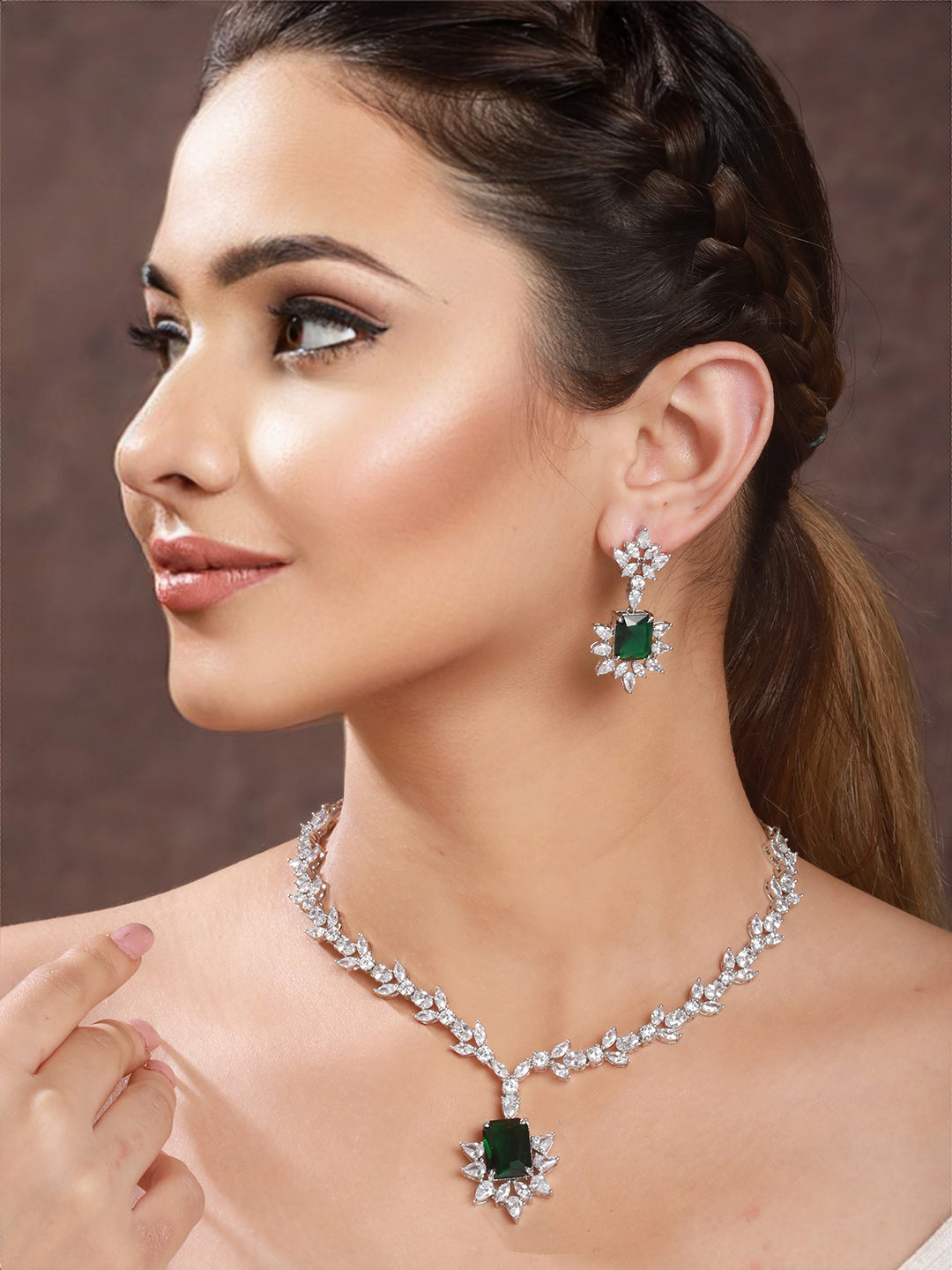 Silver Plated Green AD Studded  Floral Necklace