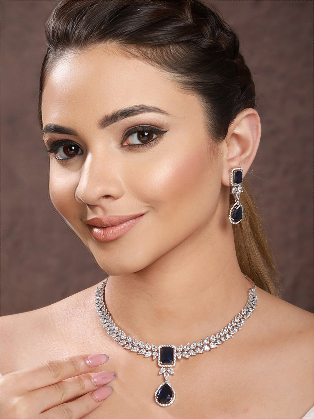 Silver Plated Blue Zircon Minimal  Necklace Jewellery Set