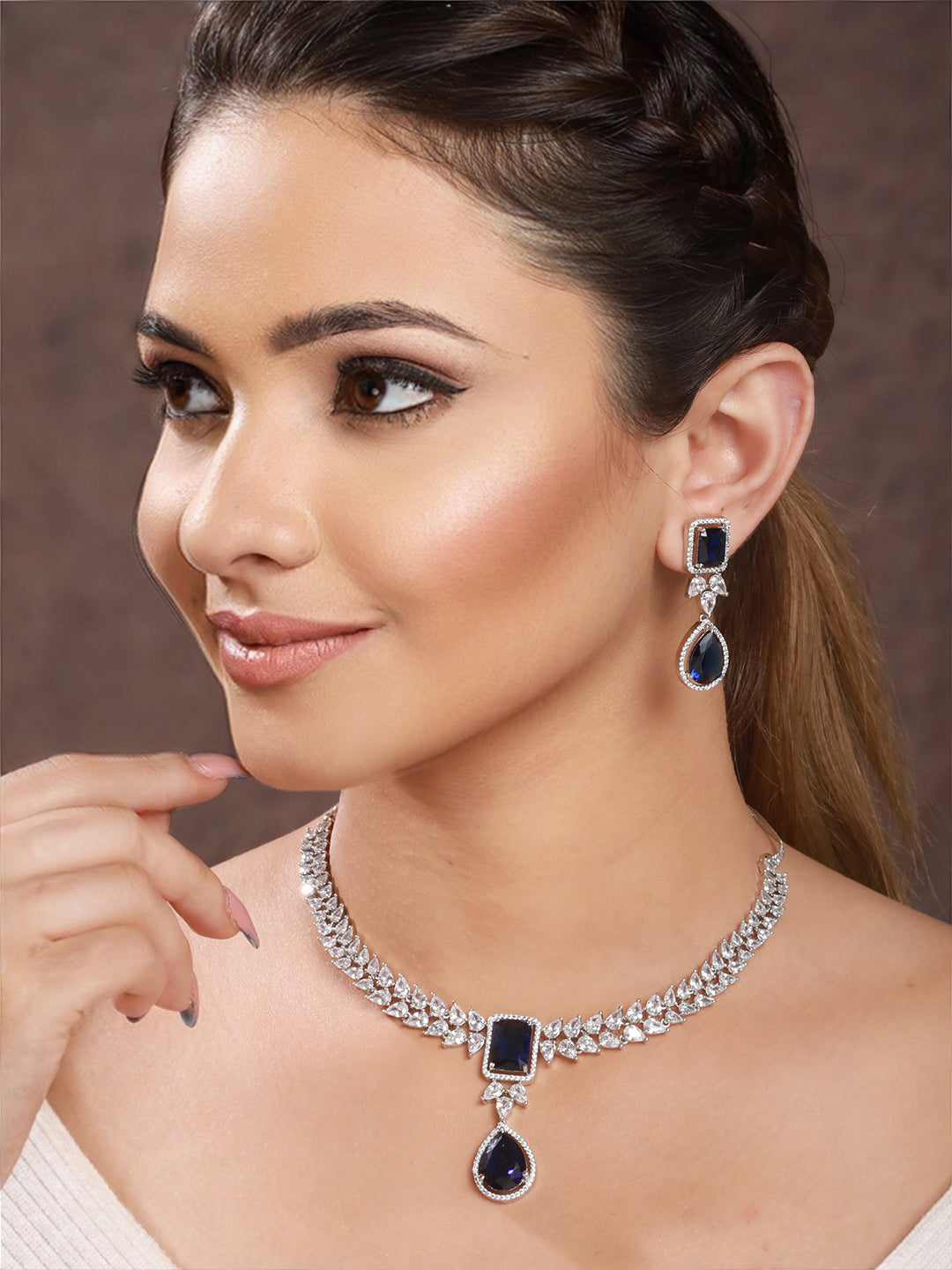 Silver Plated Blue Zircon Minimal  Necklace Jewellery Set