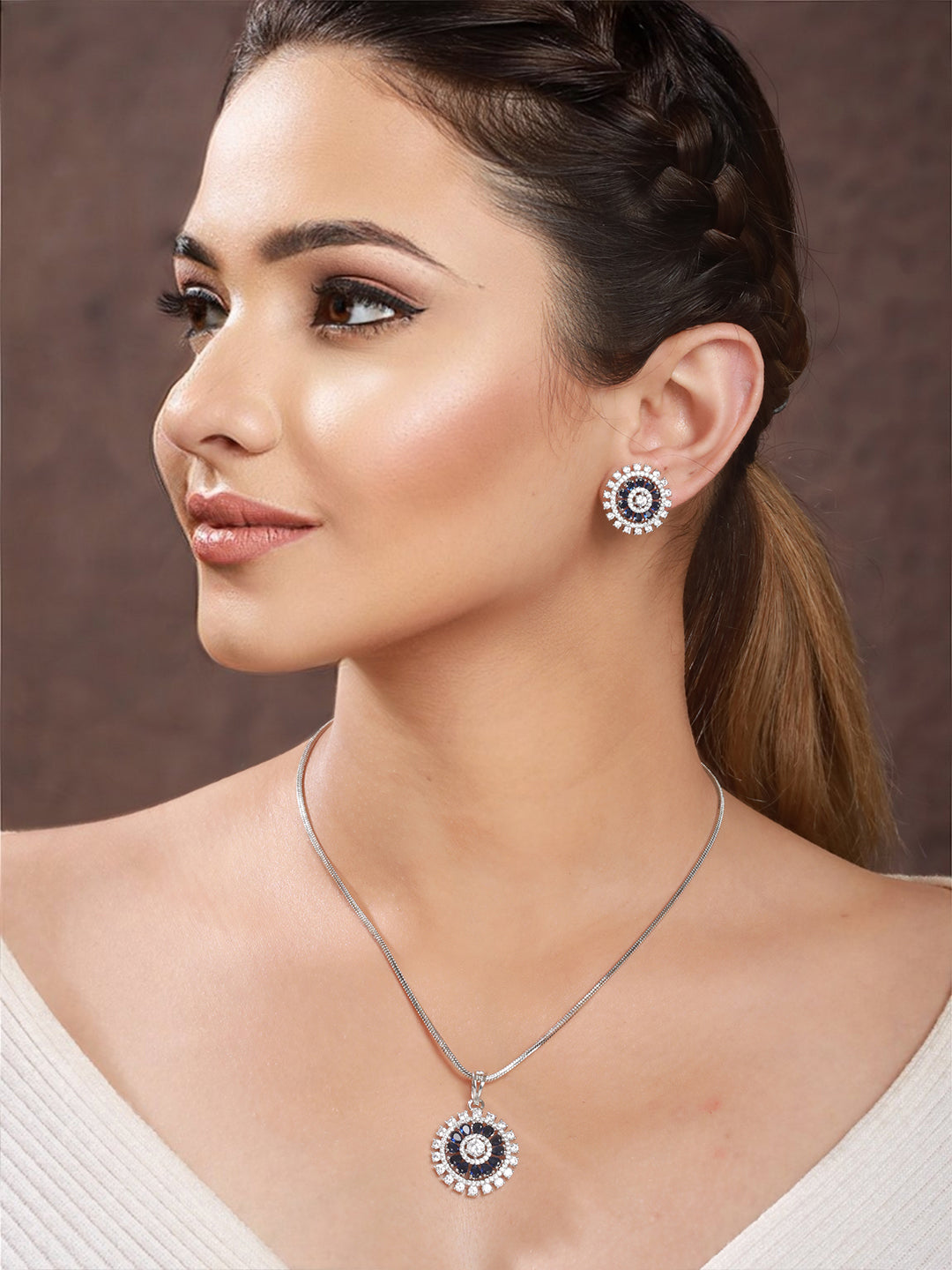 Silver Plated Blue Cubic Zircon Floral Locket  Jewellery set