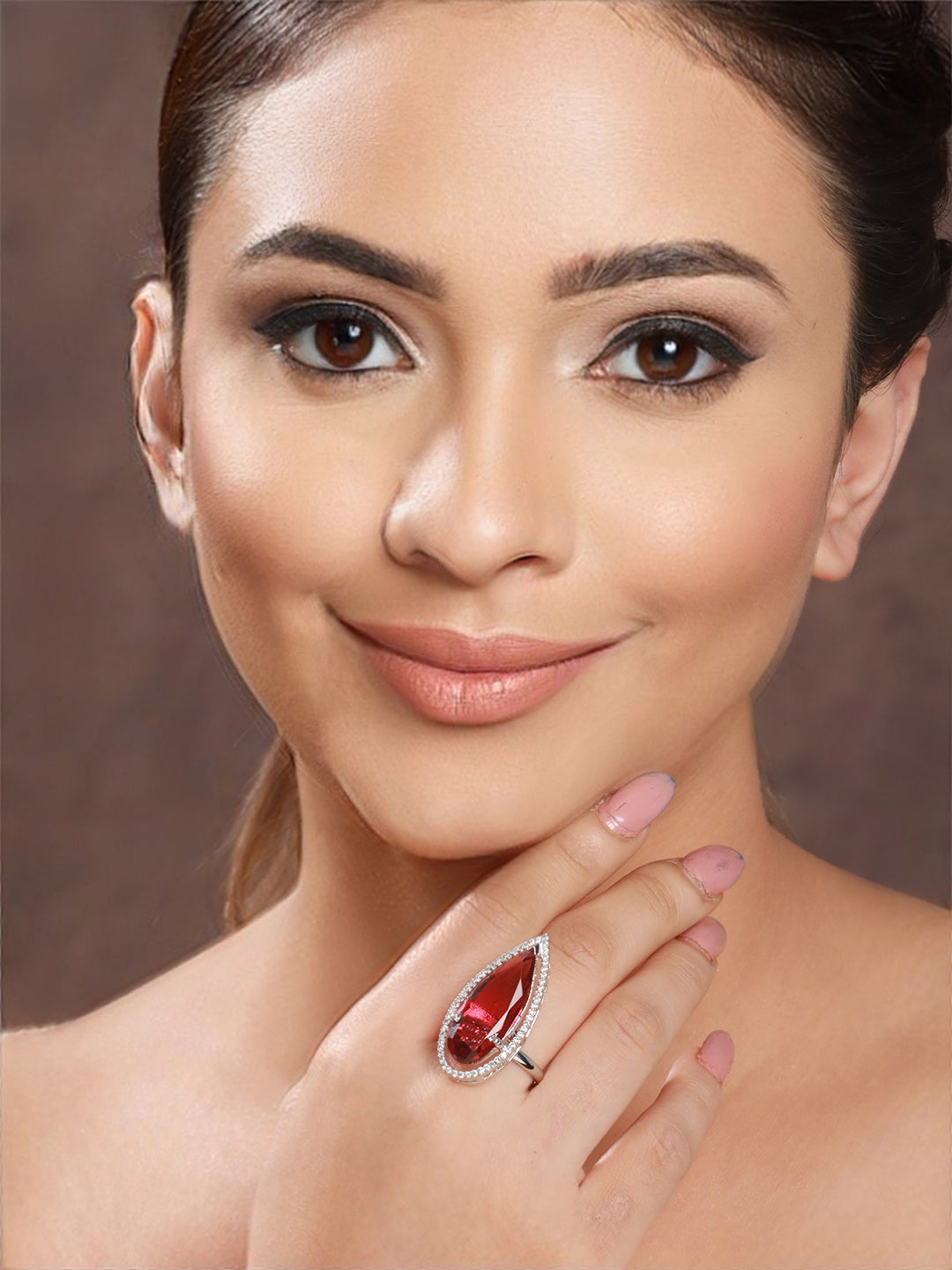 Silver Toned Red Ruby  CZ Minimal Luxe Finger Ring