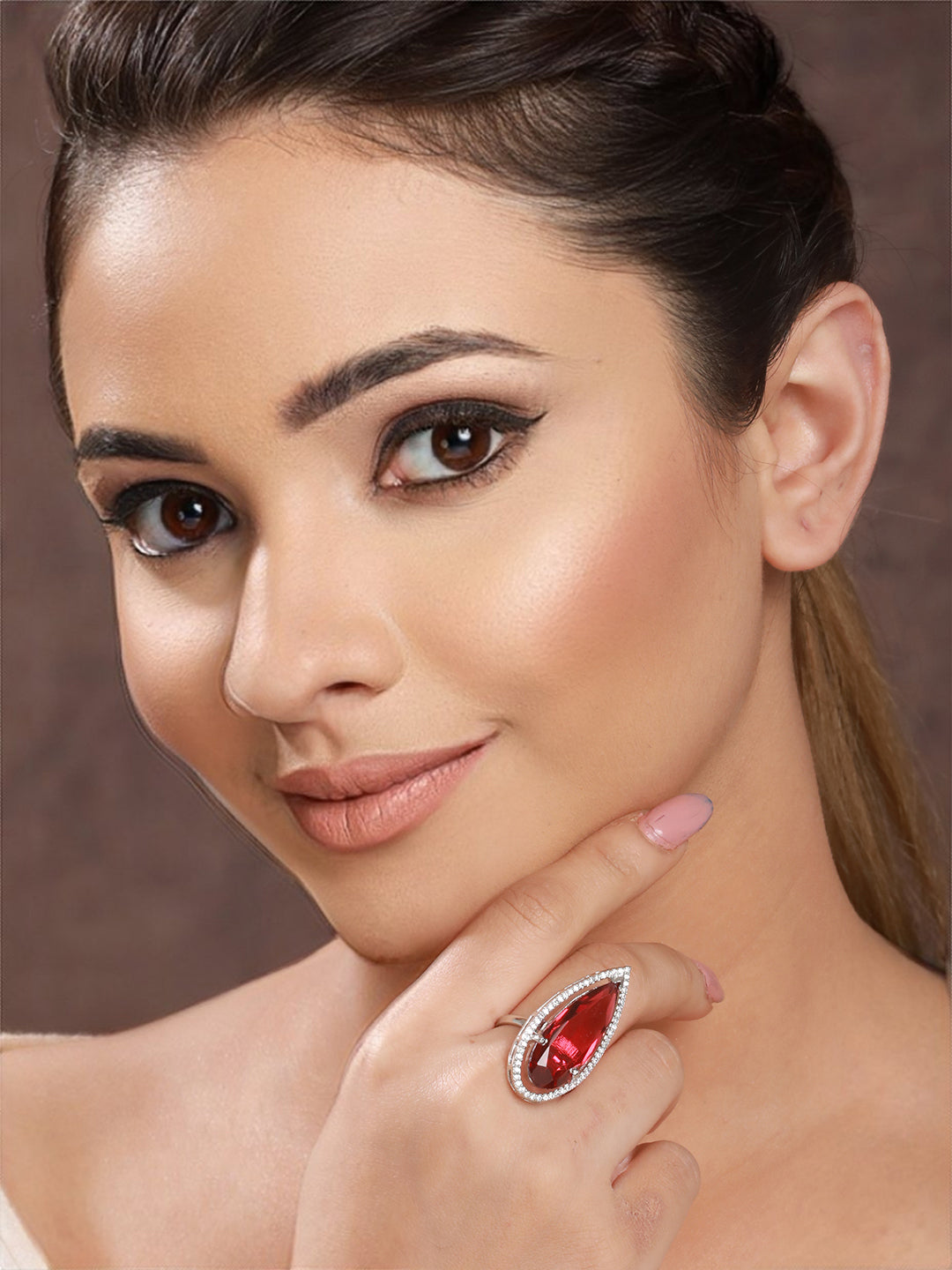 Silver Toned Red Ruby  CZ Minimal Luxe Finger Ring