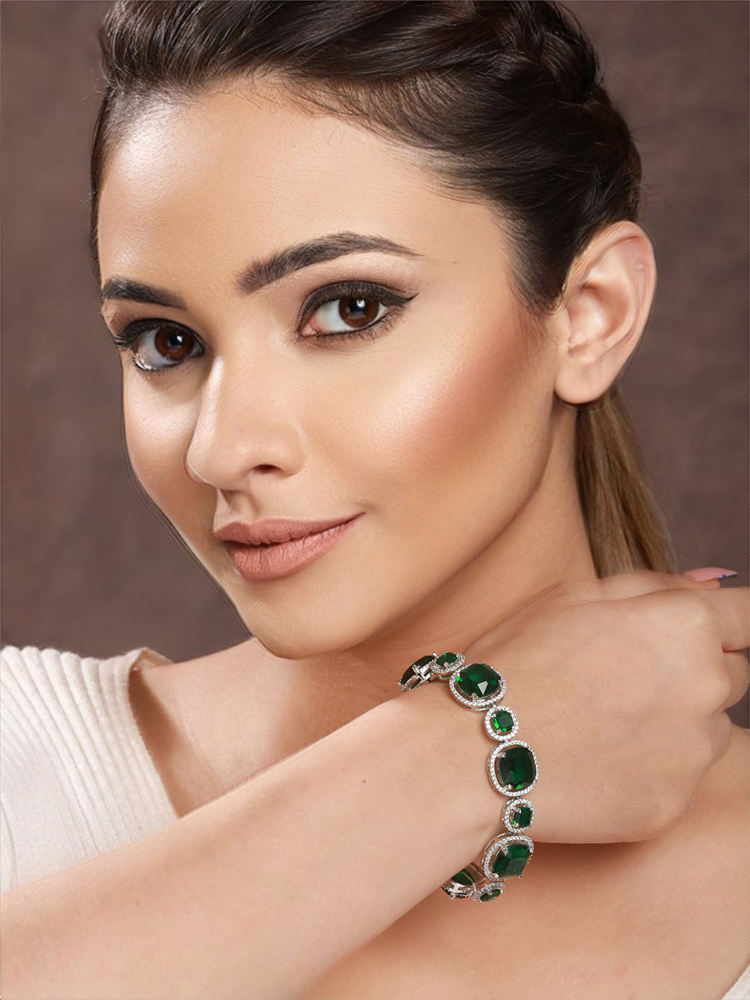 Rhodium Plated  Green CZ Studded Wraparound Tennis Bracelet