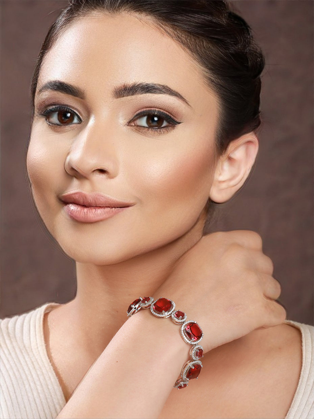 Rhodium Plated Red Zircon Studded tennis Wraparound  Bracelet