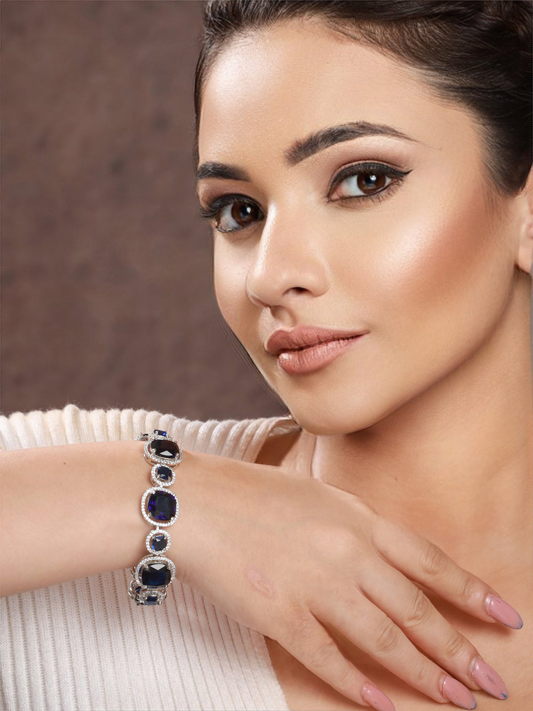 White Rhodium Plated Blue wraparound Tennis Statement  Bracelet