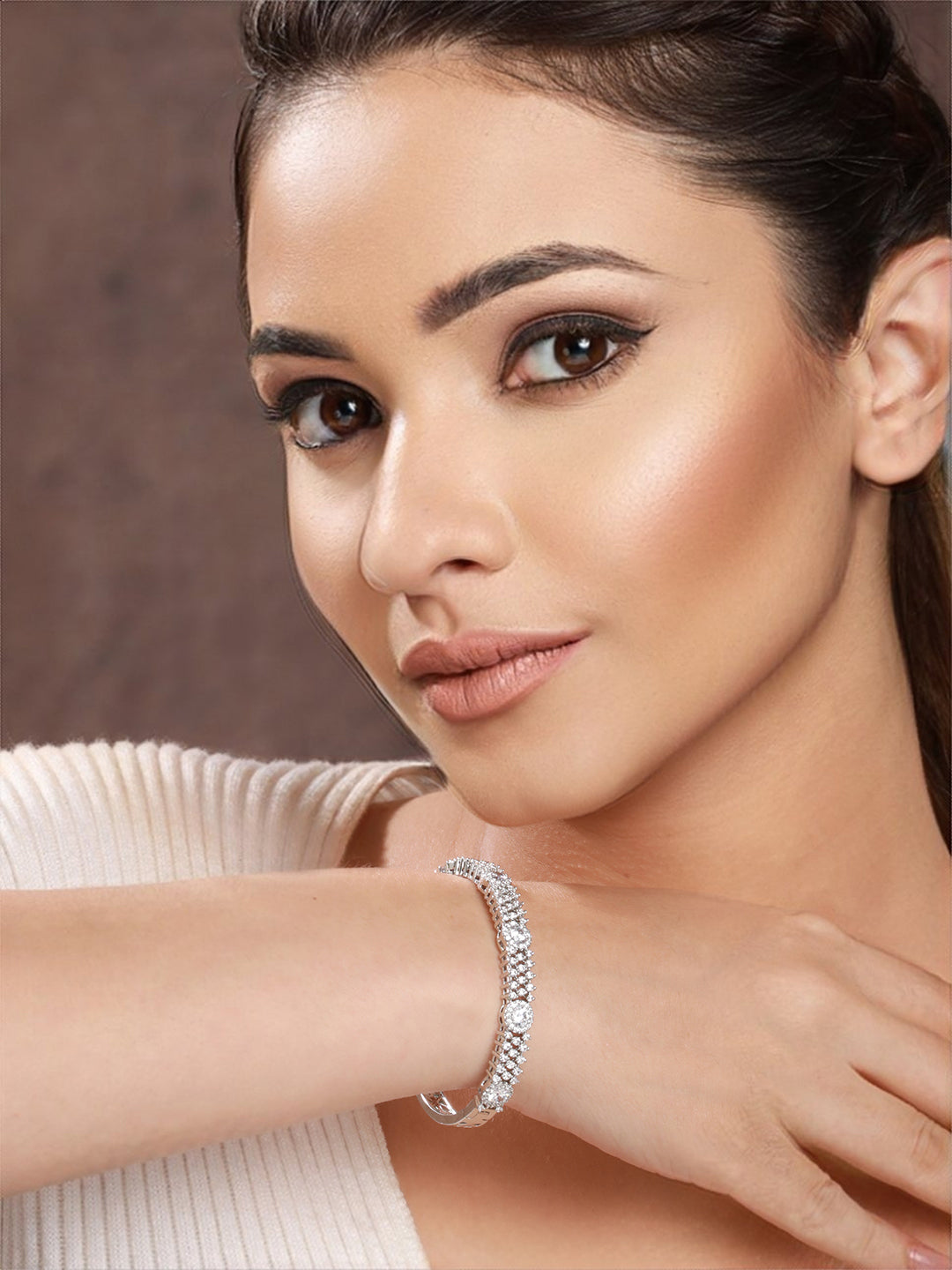 Silver Plated Zircon Studded Luxe Bangle  Bracelet