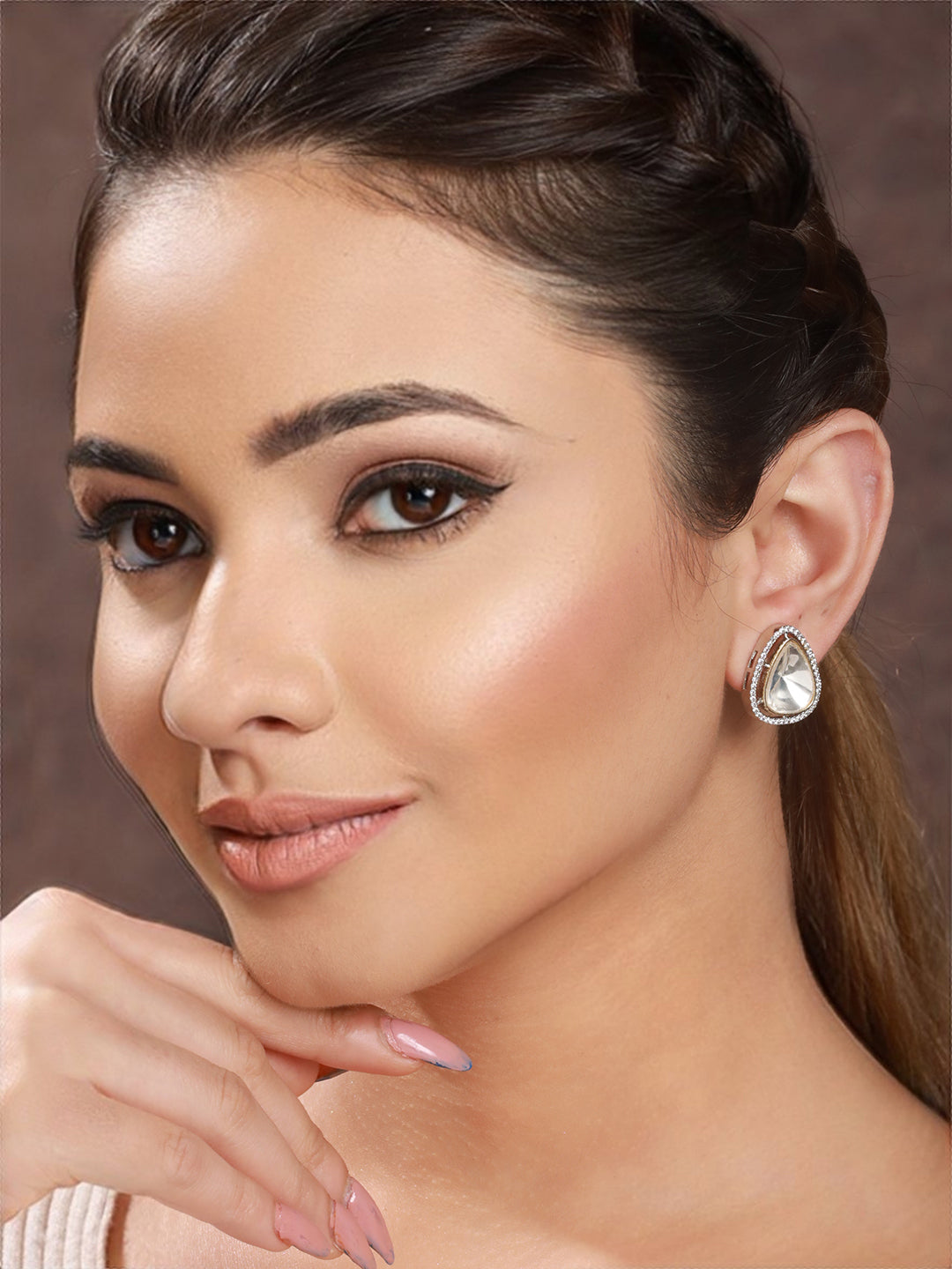 Silver Polish Kundan  &CZ Studded Studds Earrings