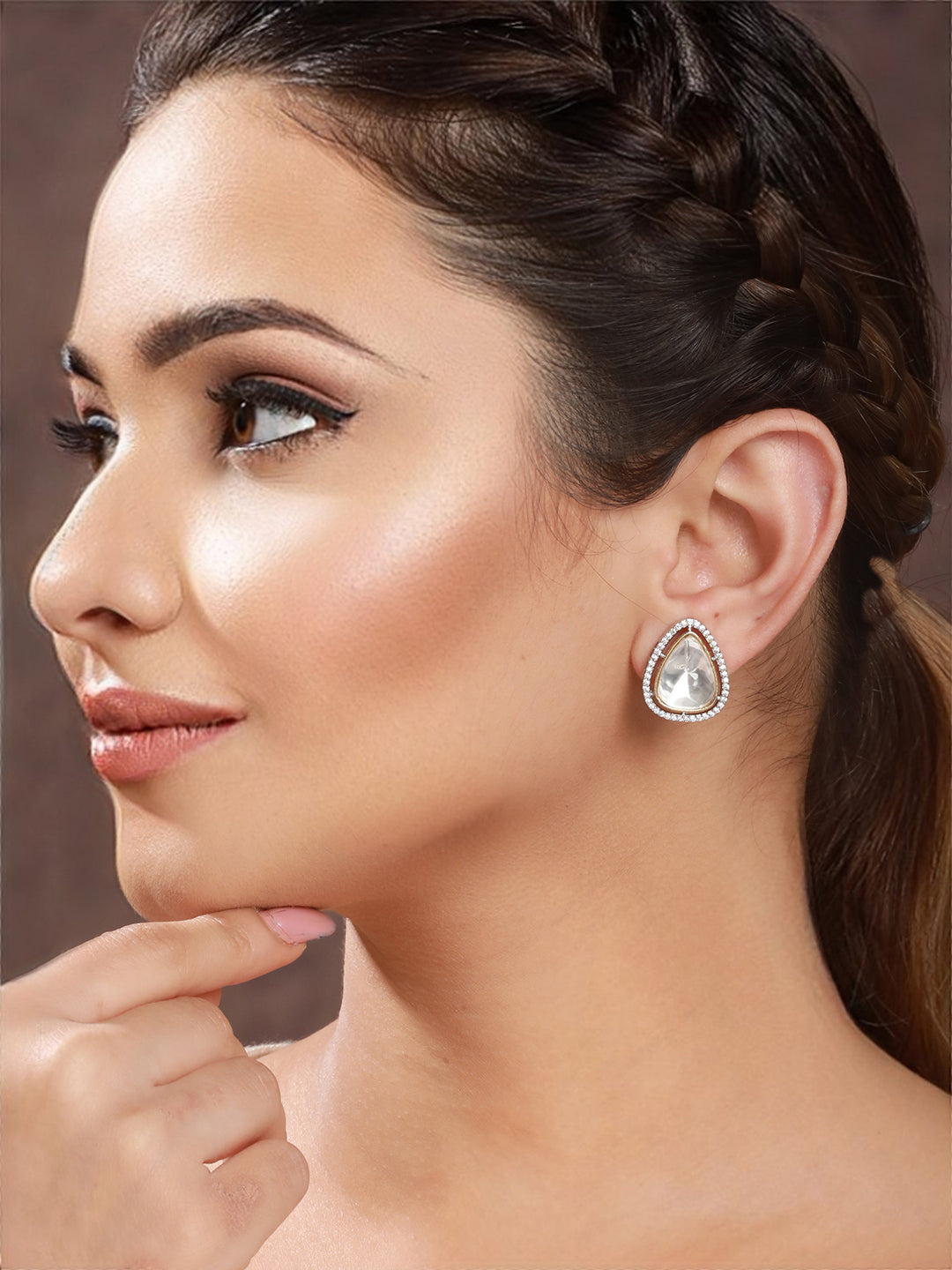 Silver Polish Kundan  &CZ Studded Studds Earrings