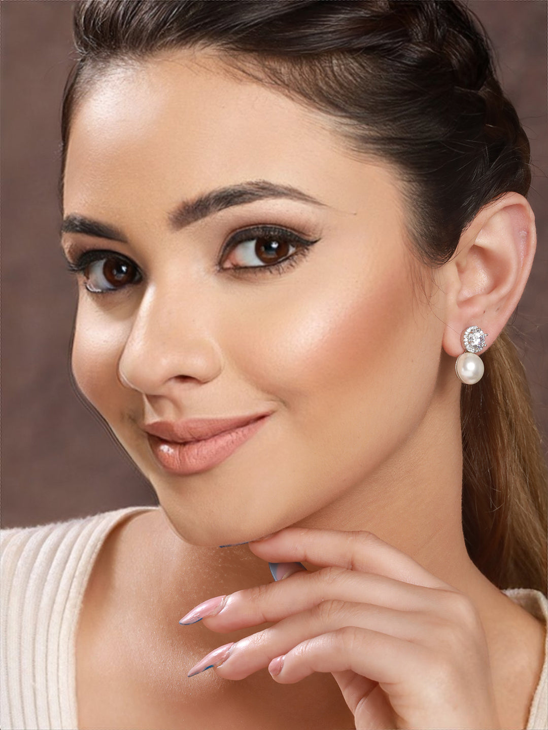 Rhodium Plated Zircon & Pearl Studded Minimal Studds Earrings