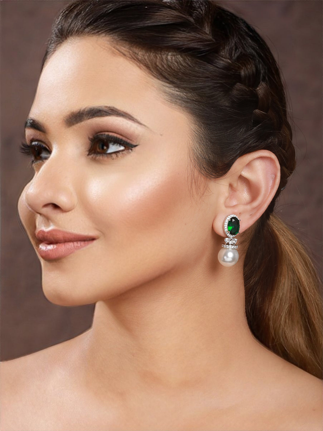 Silver Plated Green CZ Pearl Beaded Minimal Earring