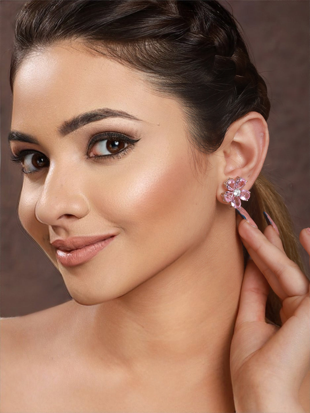 Pink  Zircon Floral Minimal Studds Earrings
