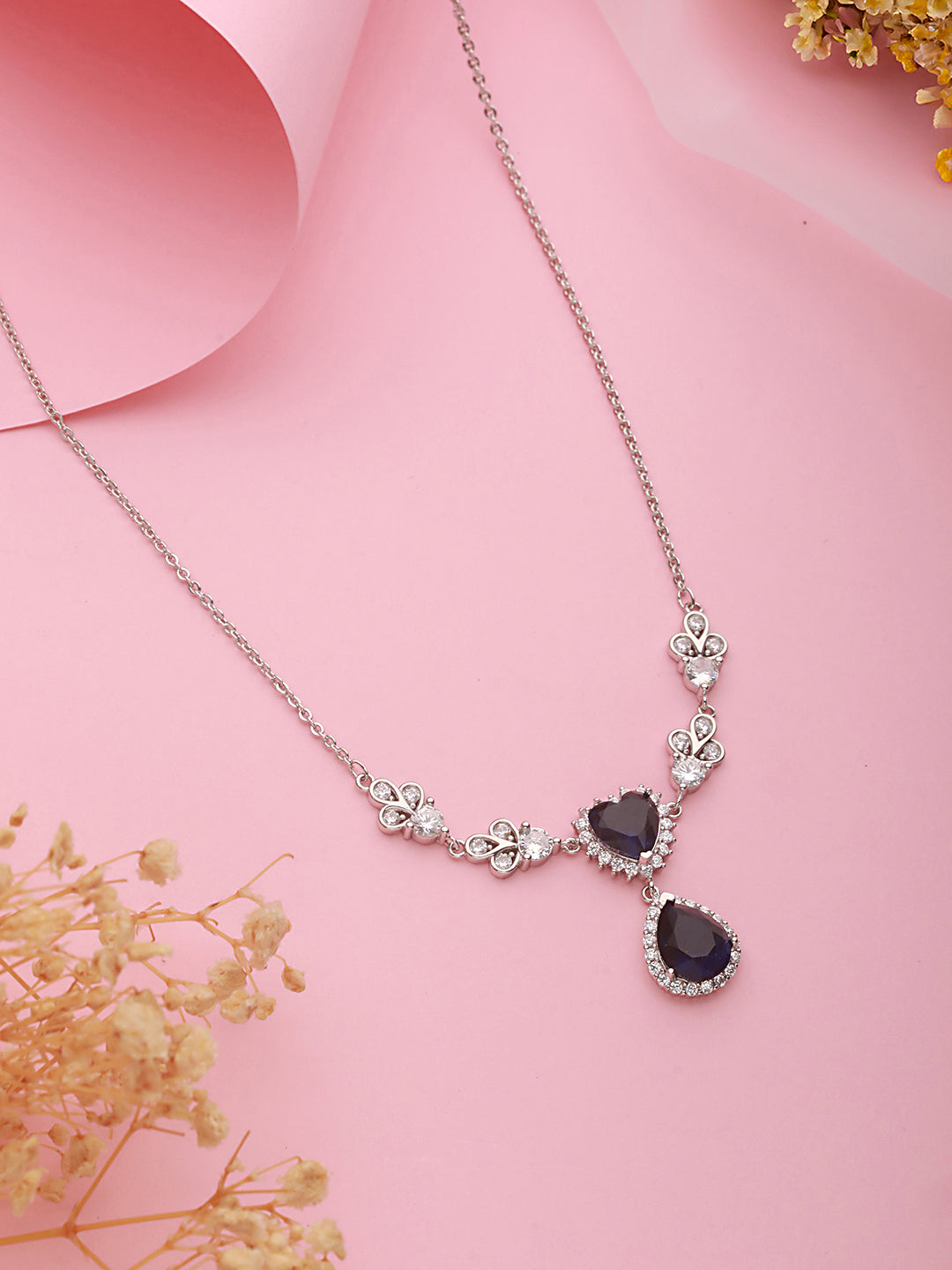 Anti-Tarnish Silver Plated Blue Sapphire AD Heart Shaped Minimal  Pendant Chain Necklace
