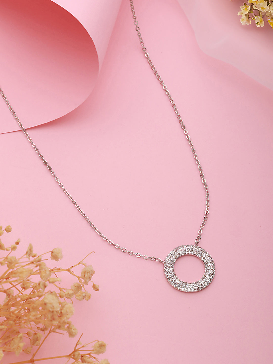 Anti-Tarnish Silver Plated AD Circle Of Life Pendant Minimal Chain Necklace