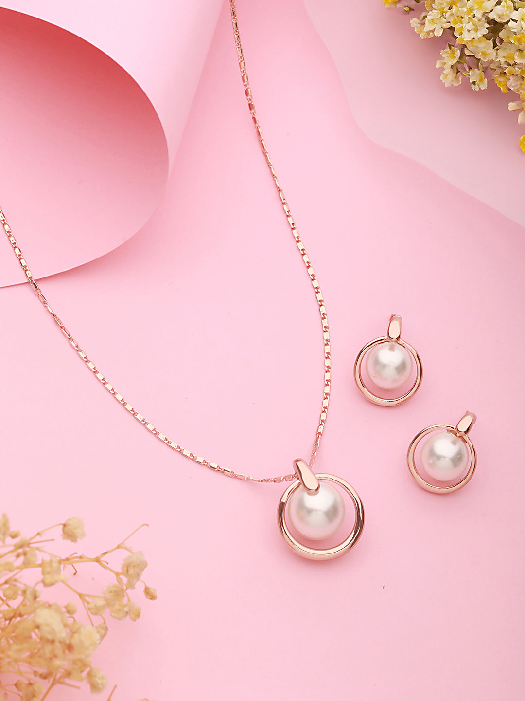 Anti-Tarnish Rose Plated Pearl Beaded Luxe Minimal Pendant jewellery Set
