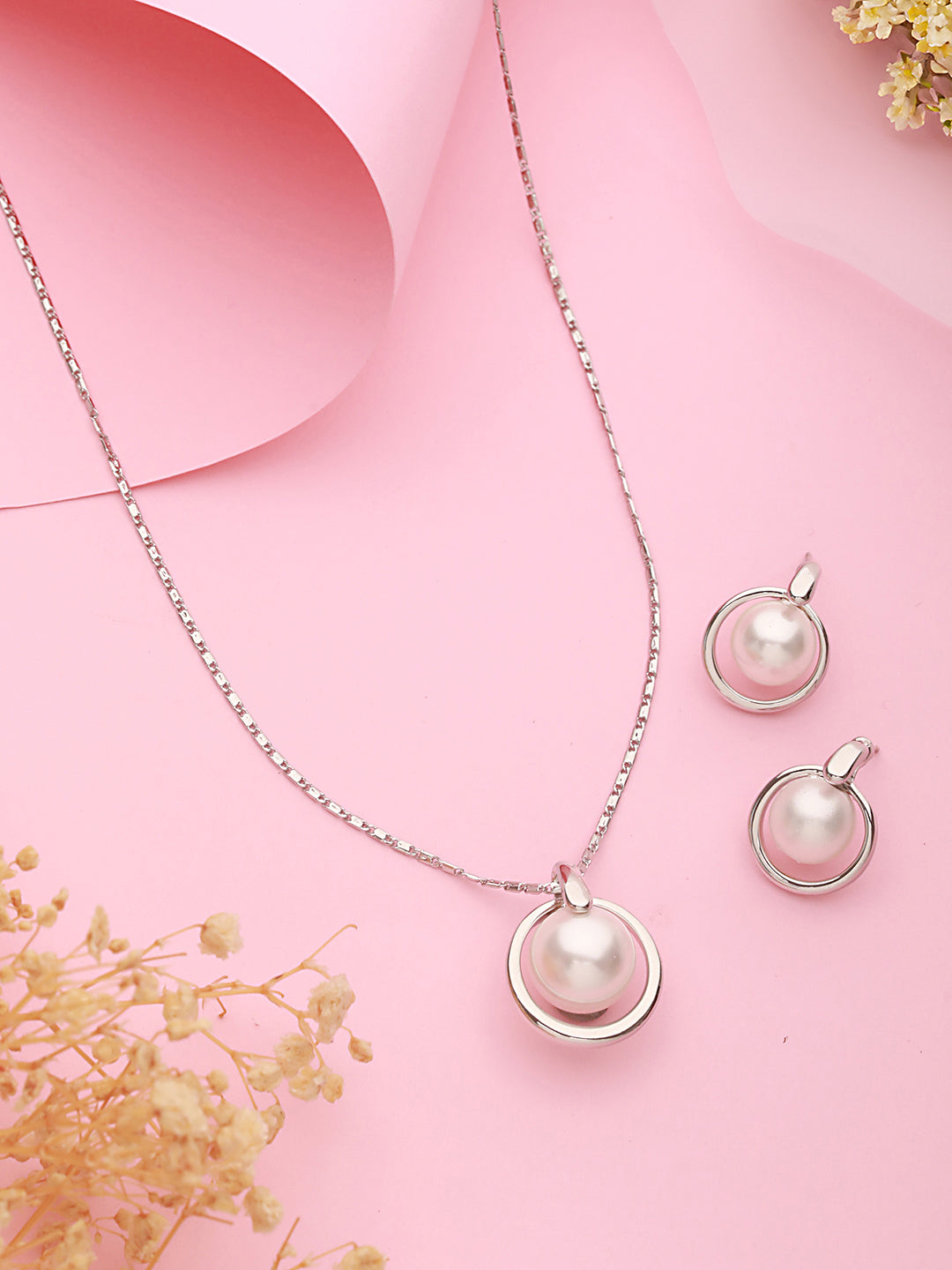 Anti-Tarnish Silver Plated Water Pearl Beaded Galaxy Minimal Locket Jewellery Set