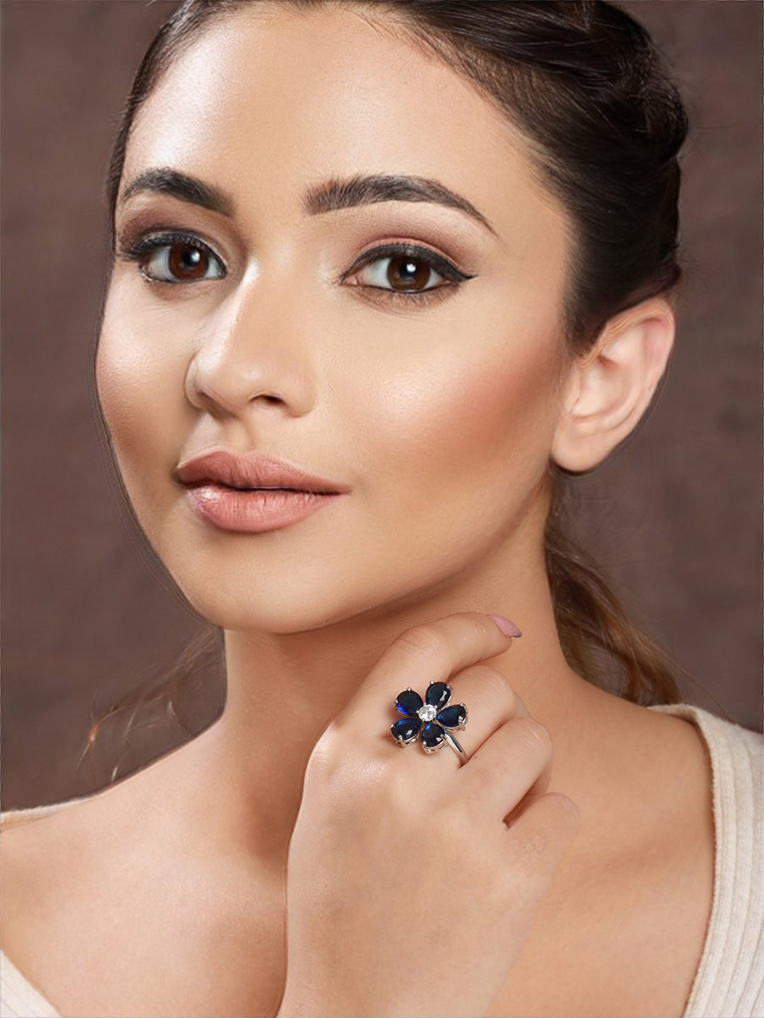 White Rhodium Blue CZ Minimal Floral Finger Ring