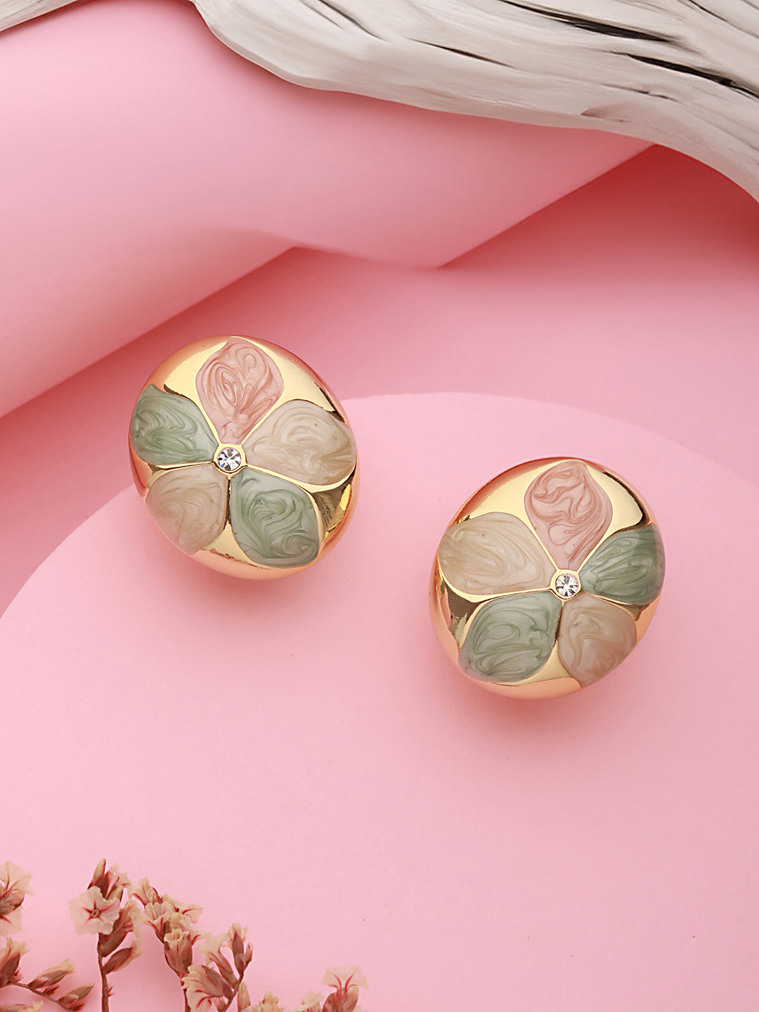 Anti-Tarnish 18k Gold Plated Floral Enamelled Large Circular Studds earrings