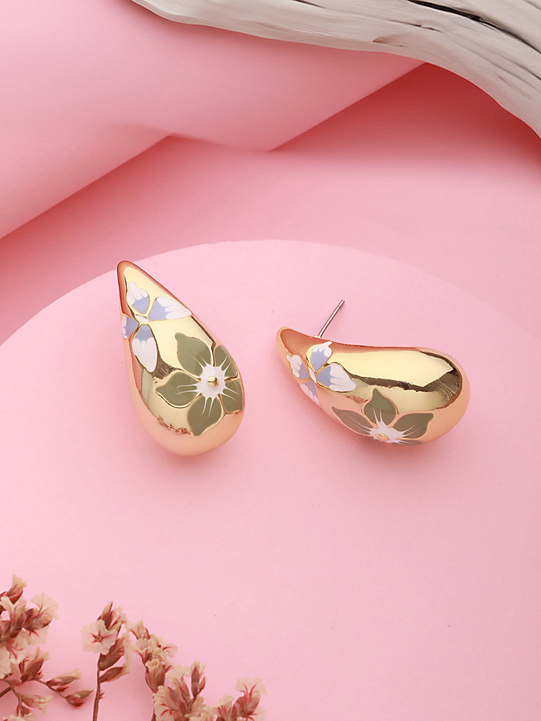 Anti-Tarnish Gold Plated & Enamelled Floral Tear Shaped Studds Earrings
