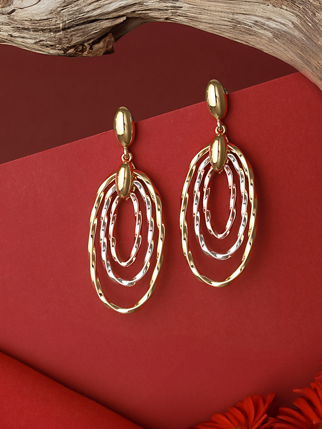 Anti-Tarnish 3 Toned Twisted Elliptical Concentric Ring Hoop Earrings